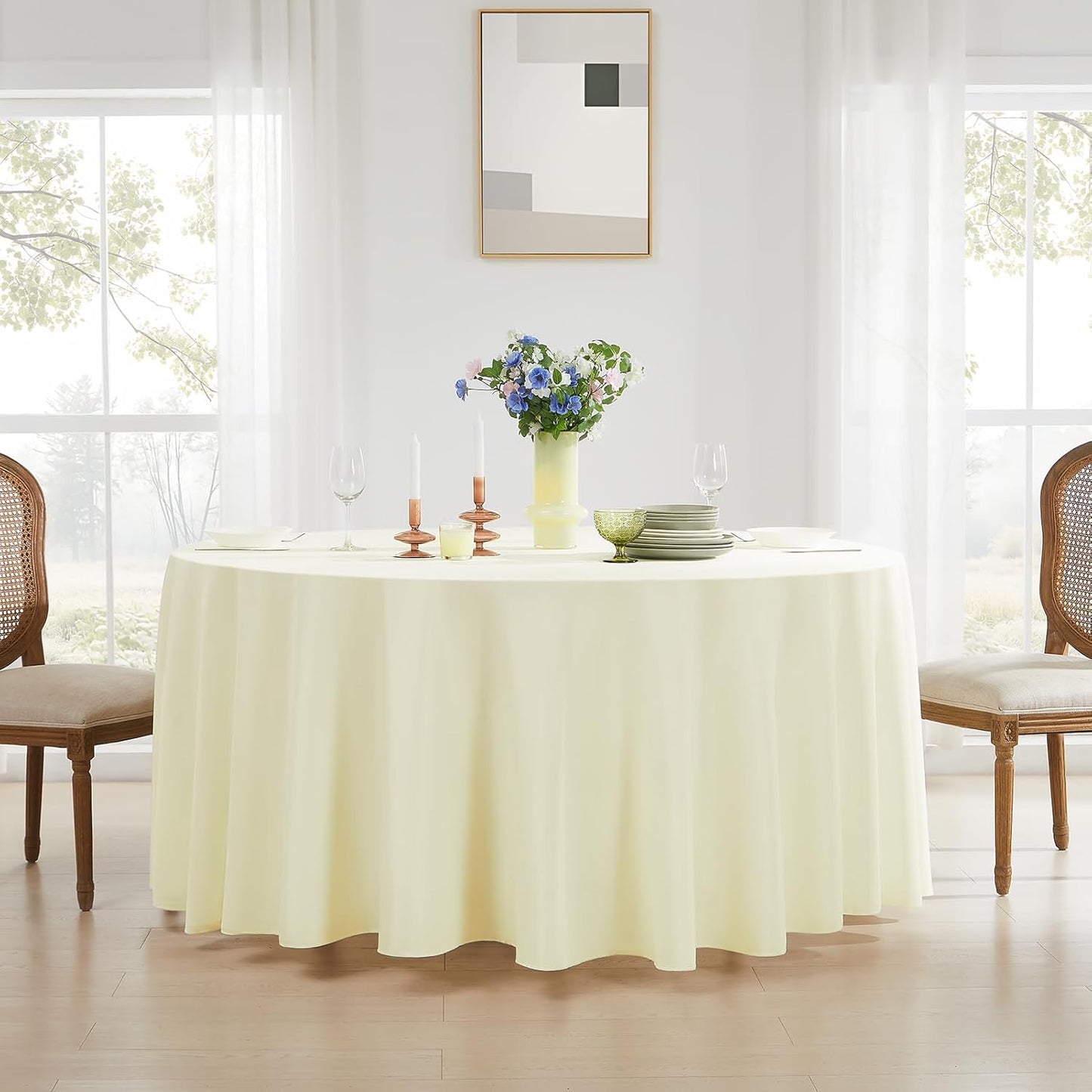 Round Tablecloth 132 Inch 2 Pack Ivory Tablecloths Washable Decorative Linen Polyester Table Clothes Cover for Dining Table Banquets Buffet Parties and Wedding