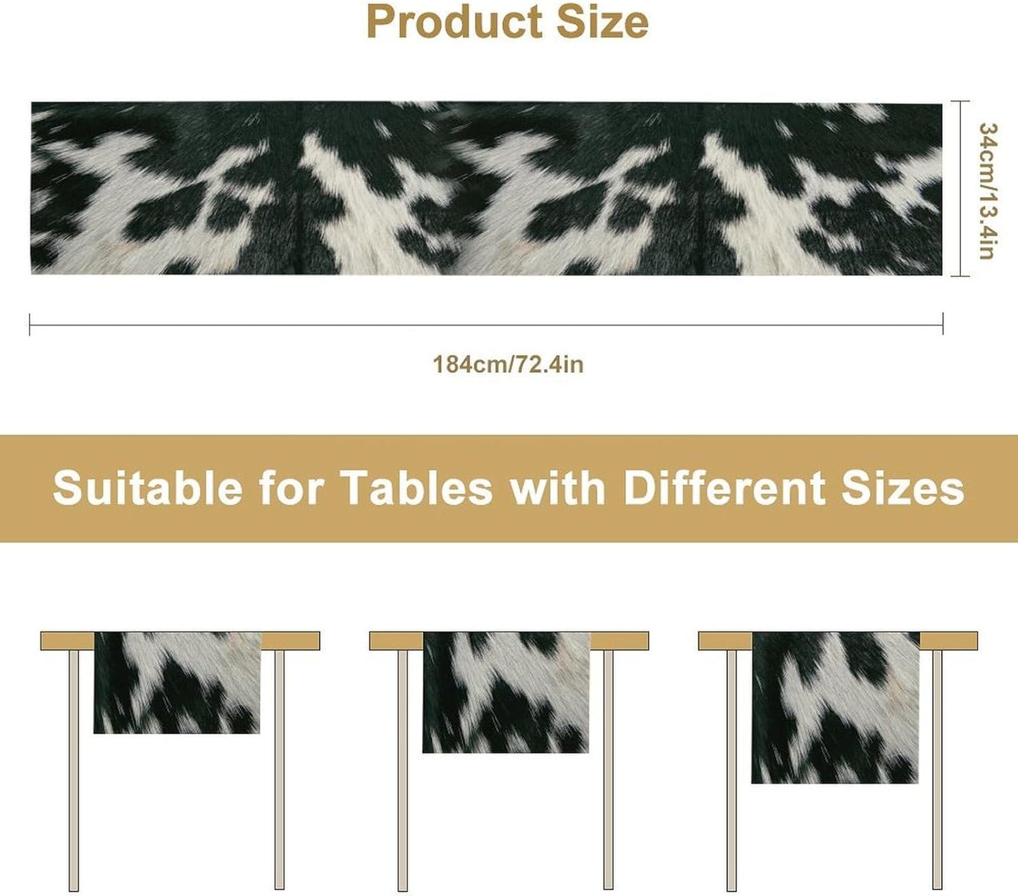 Cow Skin Print Table Runner, Rustic Country Farm Fur Skin Cowhide Pattern Western Style Black White Print Table Runner for Home Kitchen Dinning, 13x120 Inch