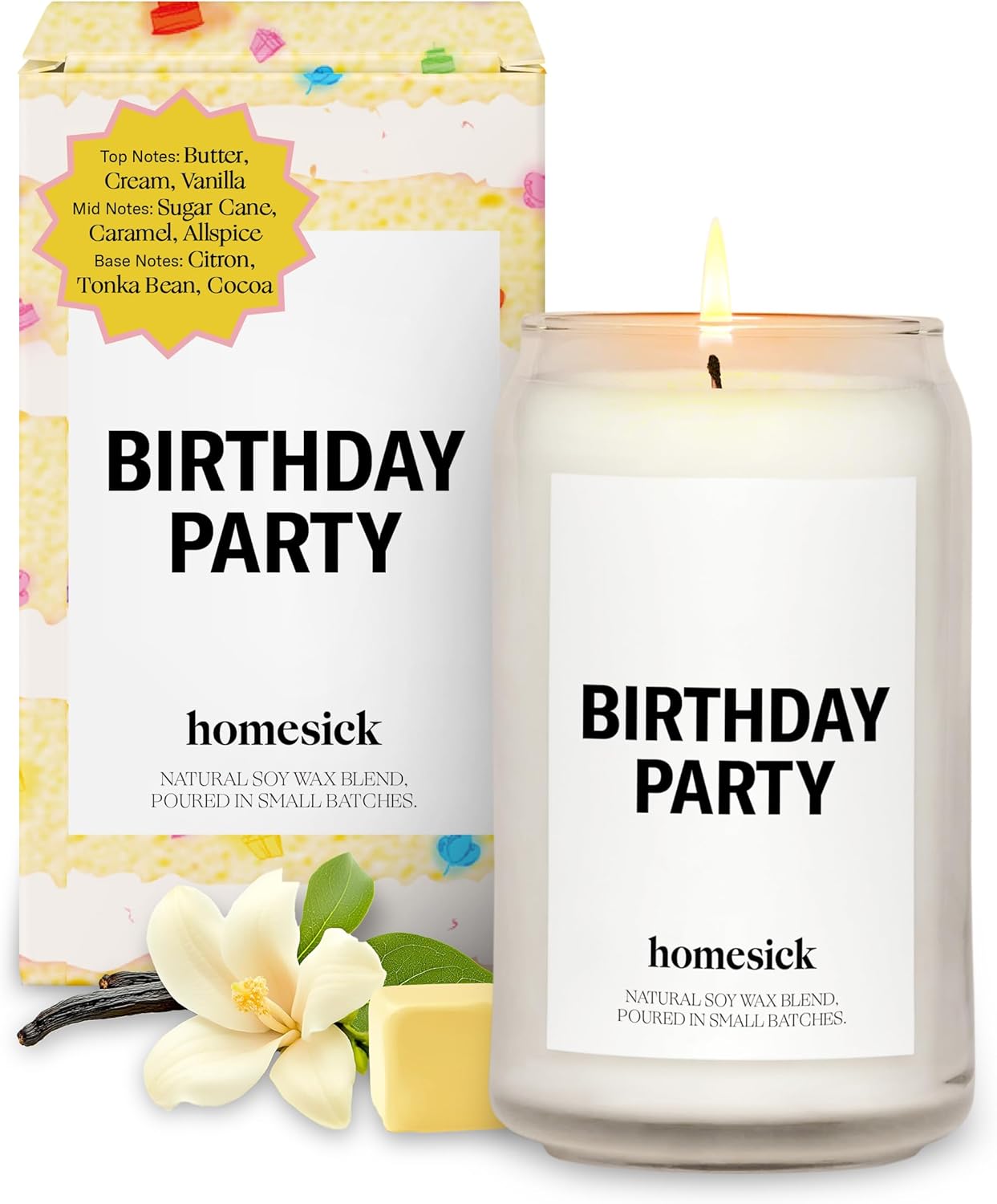 Homesick Scented Candles for Home (Birthday Party) - 13.75 oz Long-Lasting Natural Soy Wax Blend Jar Candle Gifts for Women & Men, 60-80 Hours Burn Time - Notes of Butter, Cream & Vanilla