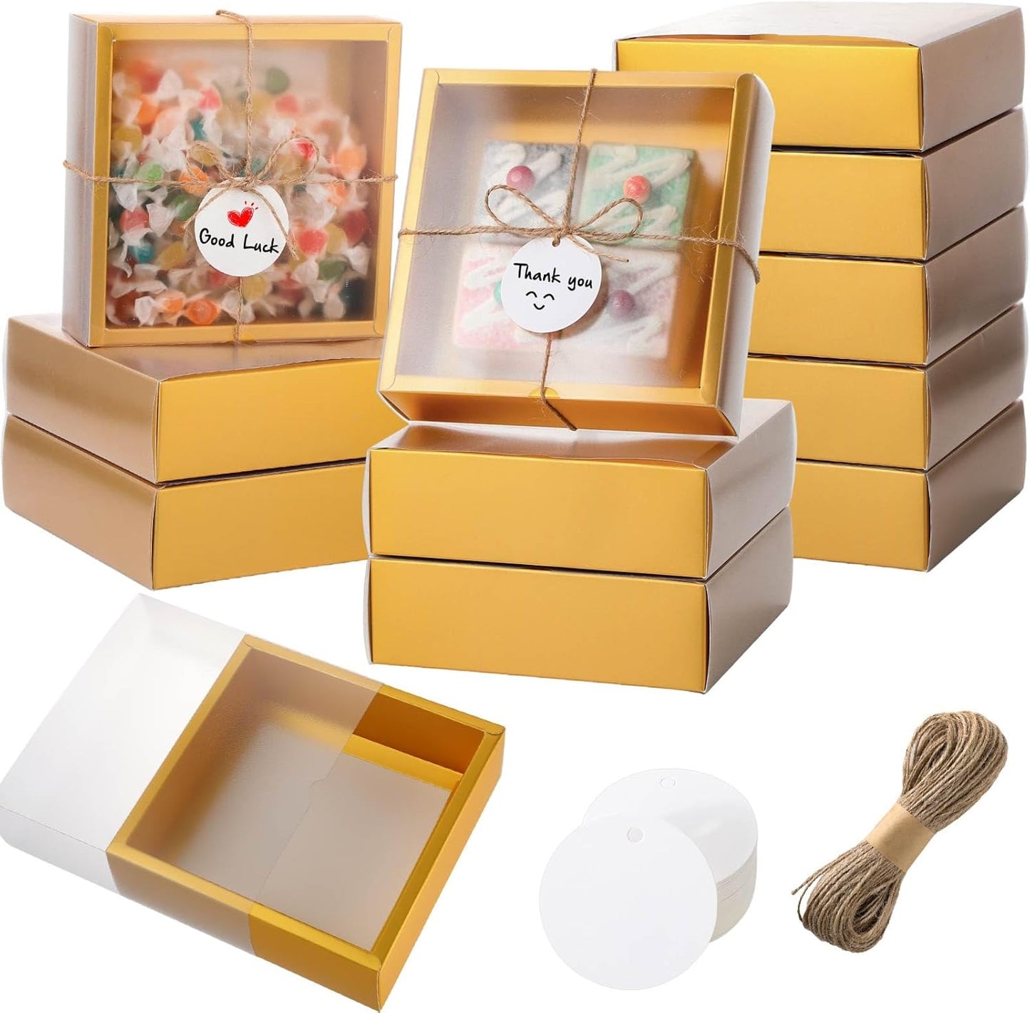 Roowest 50 Sets Kraft Soap Boxes Rectangle Packaging Box with Window Homemade Gift Box with Blank Tags and Jute String for Jewelry Candy Wrapping Party Favor(6.5 x 6.5 x 2 Inch,Gold)