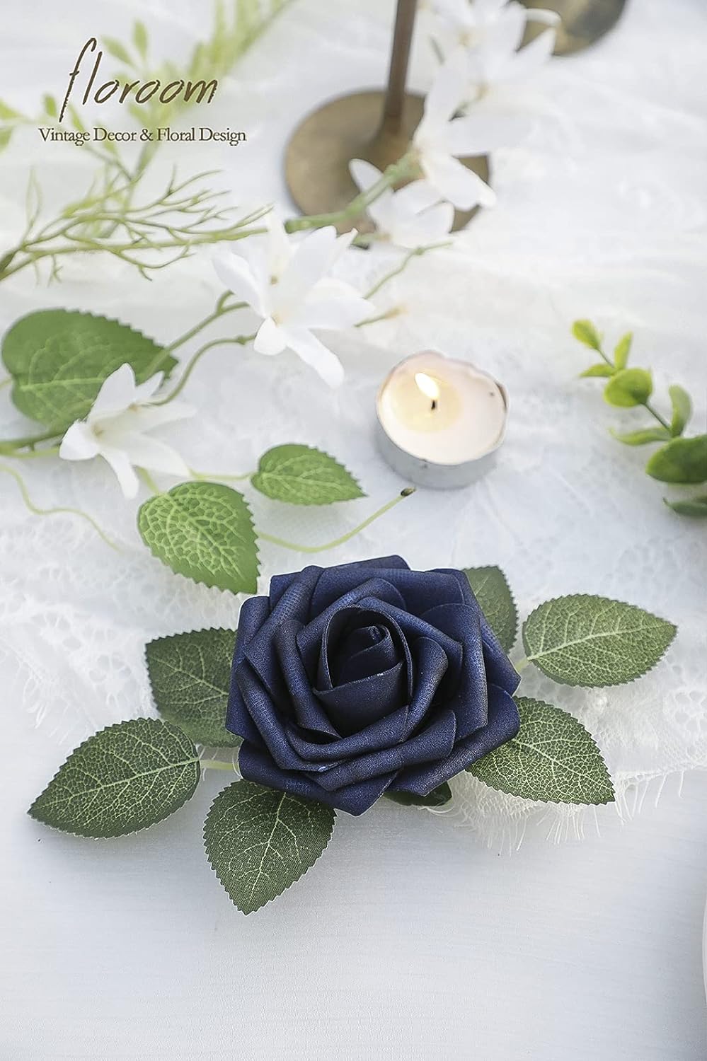 Floroom Artificial Flowers 50pcs Real Looking Navy Blue Foam Fake Roses with Stems for DIY Wedding Bouquets Bridal Shower Centerpieces Floral Arrangements Party Tables Home Decorations