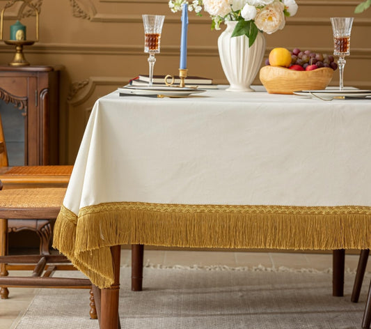F-CHU White Tablecloth Thickset Velvet Tablecloth with Beautiful Gold Tassels Vintage Table Cloth for Home Decor Wedding, Party, Banquet and Events 67x120-Inch