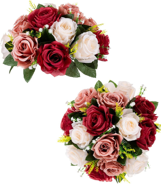 BLOSMON Flower Centerpieces Decoration for Table: 2 Pcs Burgundy & Dusty Rose & Creamy White Fake Roses Kissing Flower for Wedding - Artificial Silk Floral Arrangements Home Party DIY Decoration