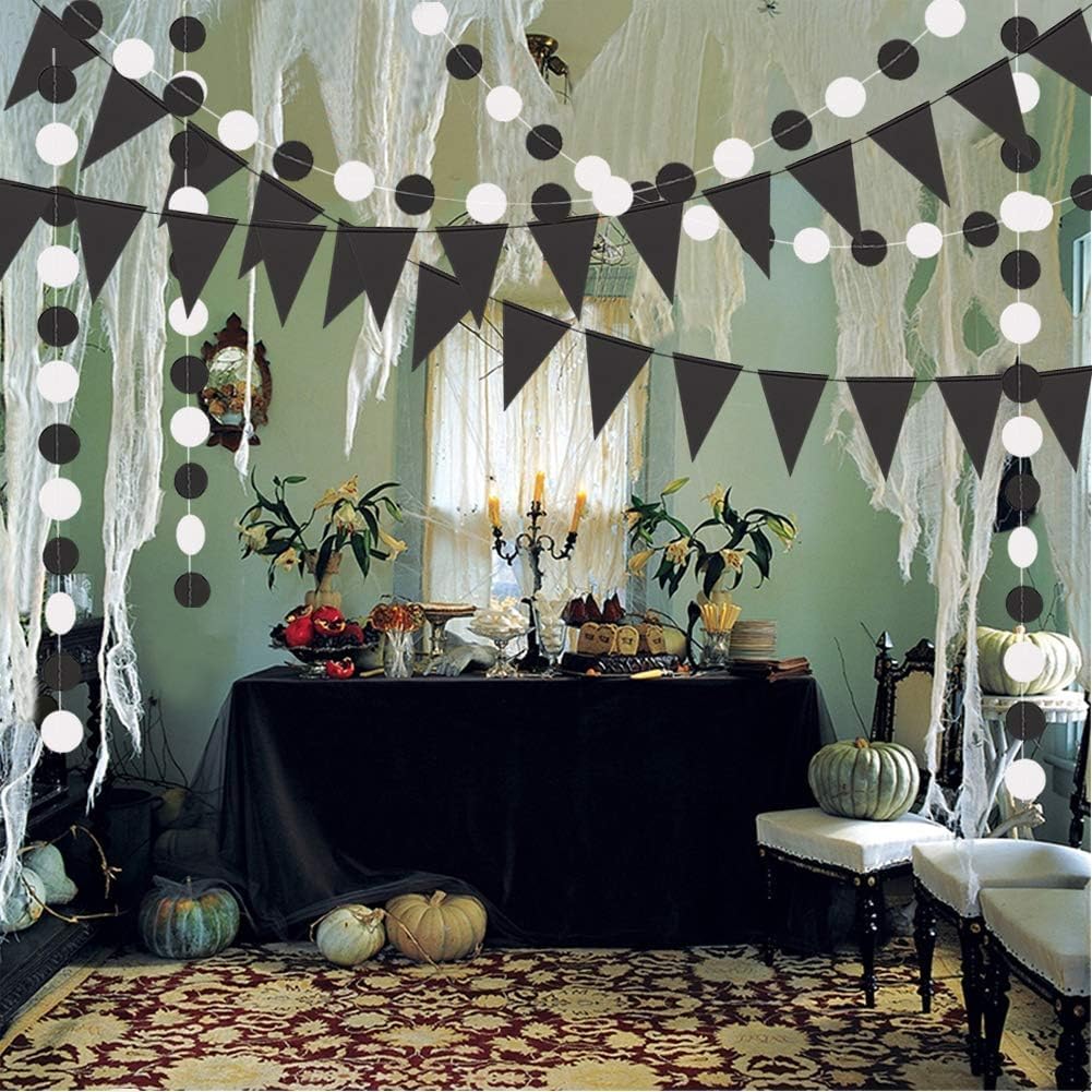 Cheerland Black and White Party Decoration Gothic Circle Garland Halloween Flag Banner for Summerween Birthday Hanging Streamer Banner Backdrop Wedding Baby Anniversary Graduation Shower Party Supply