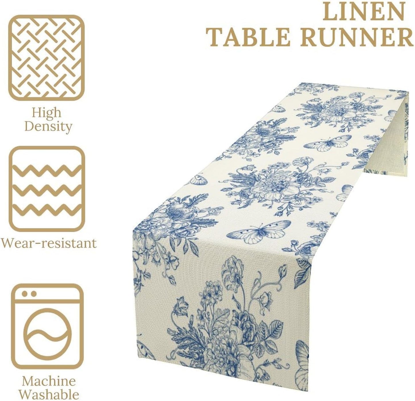 Monochrome Sketch Flowers Table Runner, Seasonal Spring Fall Plants Blue Florals Butterfly Dinner Runner for Home Kitchen Dining Table Party Holiday Decoration 13"x70"
