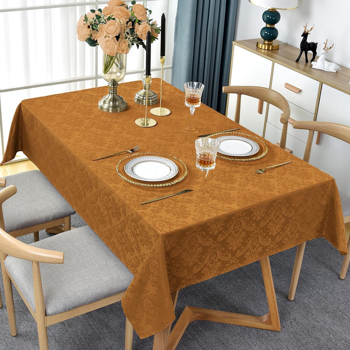 SASTYBALE Fall Tablecloth Rectangle 60 x 84 Inch Spill Proof Stain Resistant Autumn Jacquard Damask Table Cloth, Washable Polyester Table Cover for Thanksgiving, Harvest, Holiday, Brown/Amber