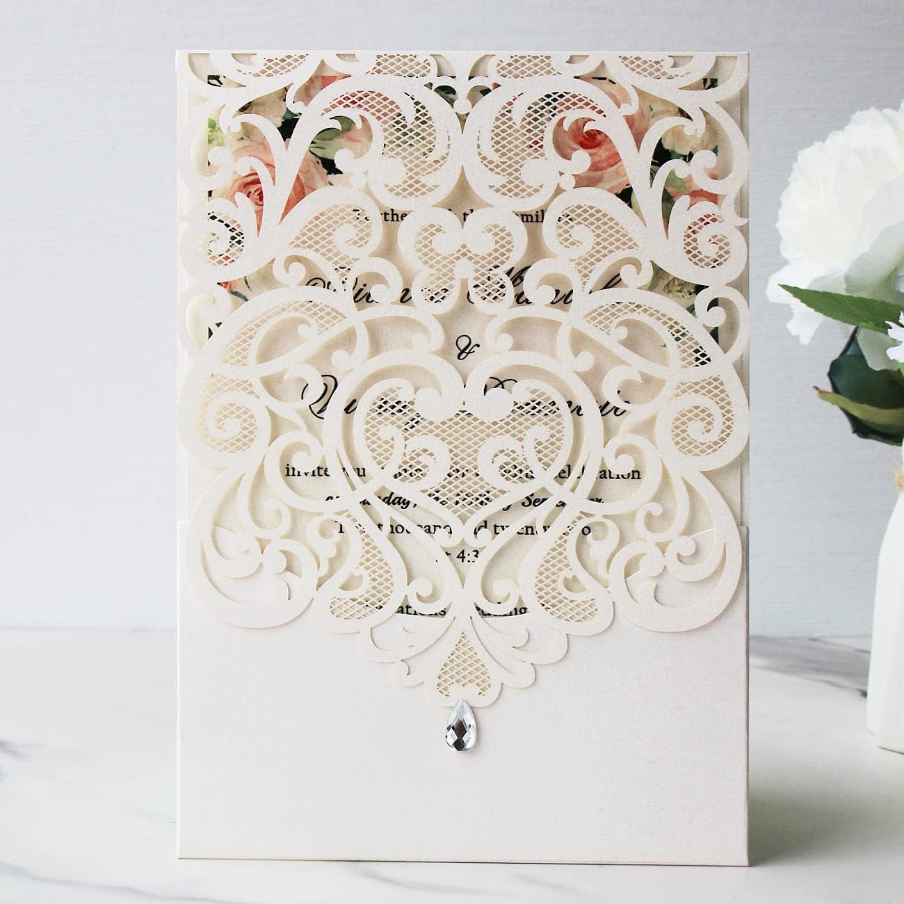 Hosmsua 50PCS Personalized Wedding Invitations Kit 5.12 x 7.3 Laser Cut Hollow Rose Rhinestone Pocket with Envelope for Wedding Quinceanera Invite (White Ivory)