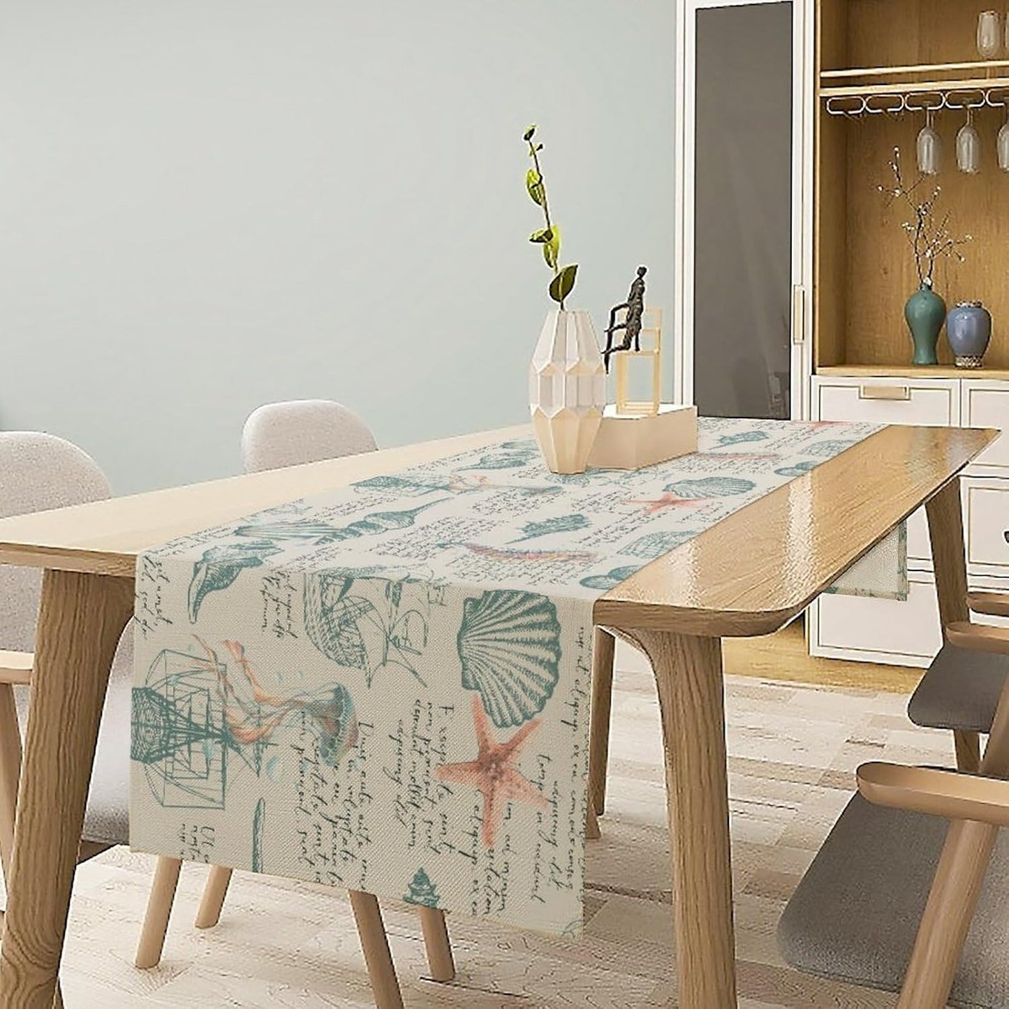 Starfish Table Runner,Seashells Beach Coastal Nautical Sailboat Jellyfish Vintage Hand Drawn Burlap for Hotel Indoors Outdoor Dining Room Kitchen Table Decor, 13x60in