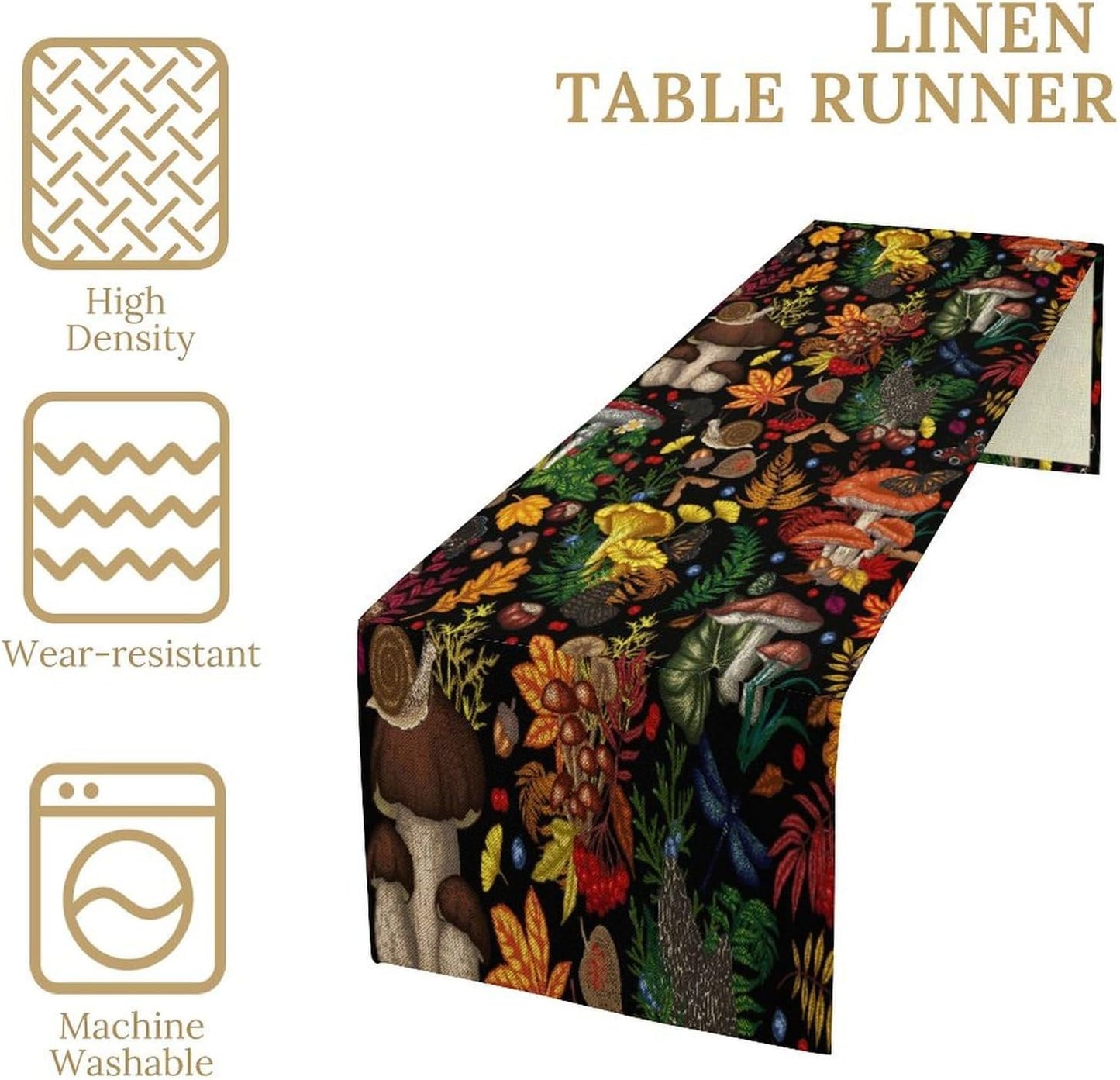 Nature Mushroom Table Runner,Retro Boho Floral Botanical Plant Forest Pattern Print Tablecloth Burlap for Hotel Indoors Outdoor Dining Room Kitchen Holiday Party, 13x36in