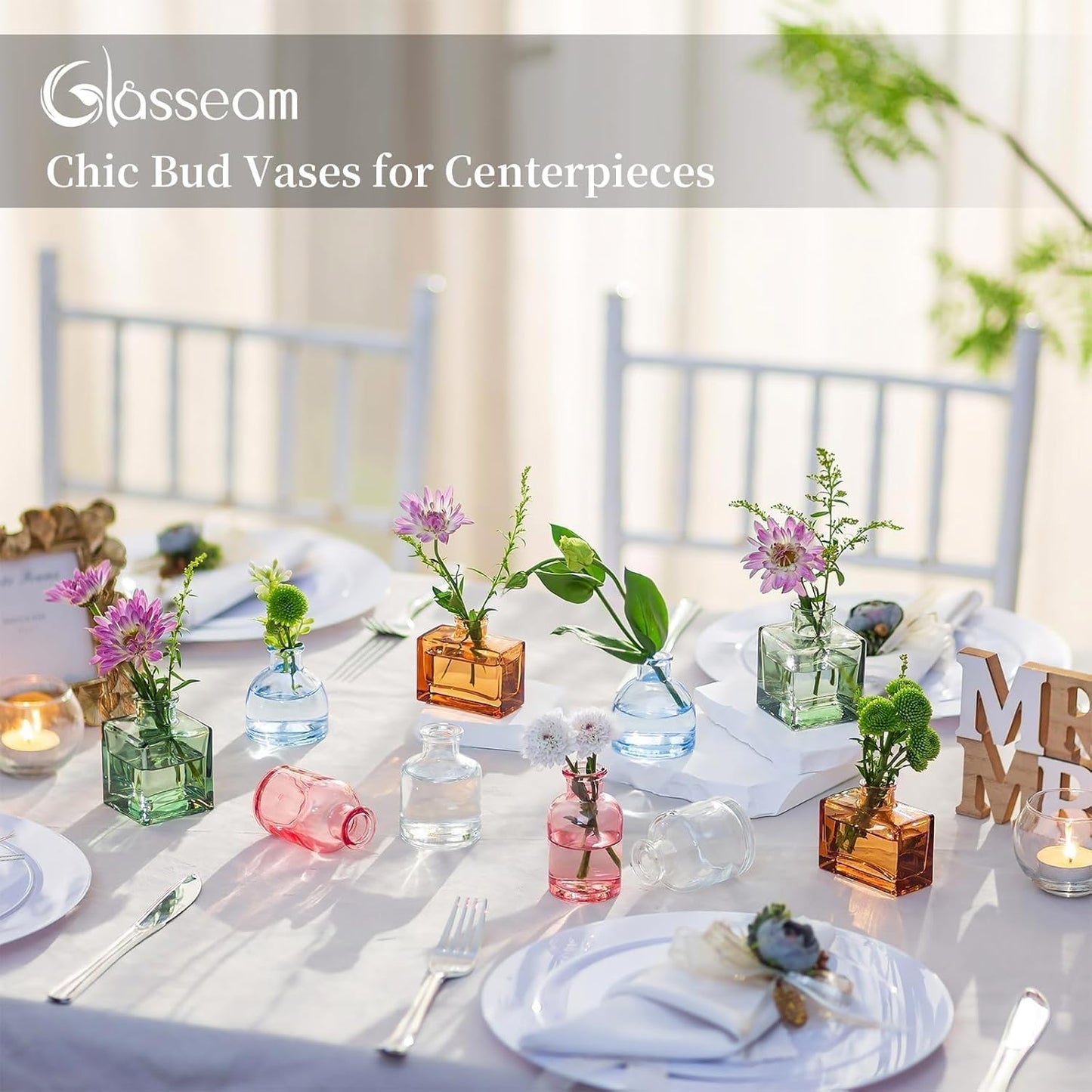 Glasseam Mini Bud Vases in Bulk 40: Colored Small Flower Vases for Centerpieces Cute Tiny Glass Vase for Flowers Modern Decorative Wedding Table Centerpiece for Dining Room Decor
