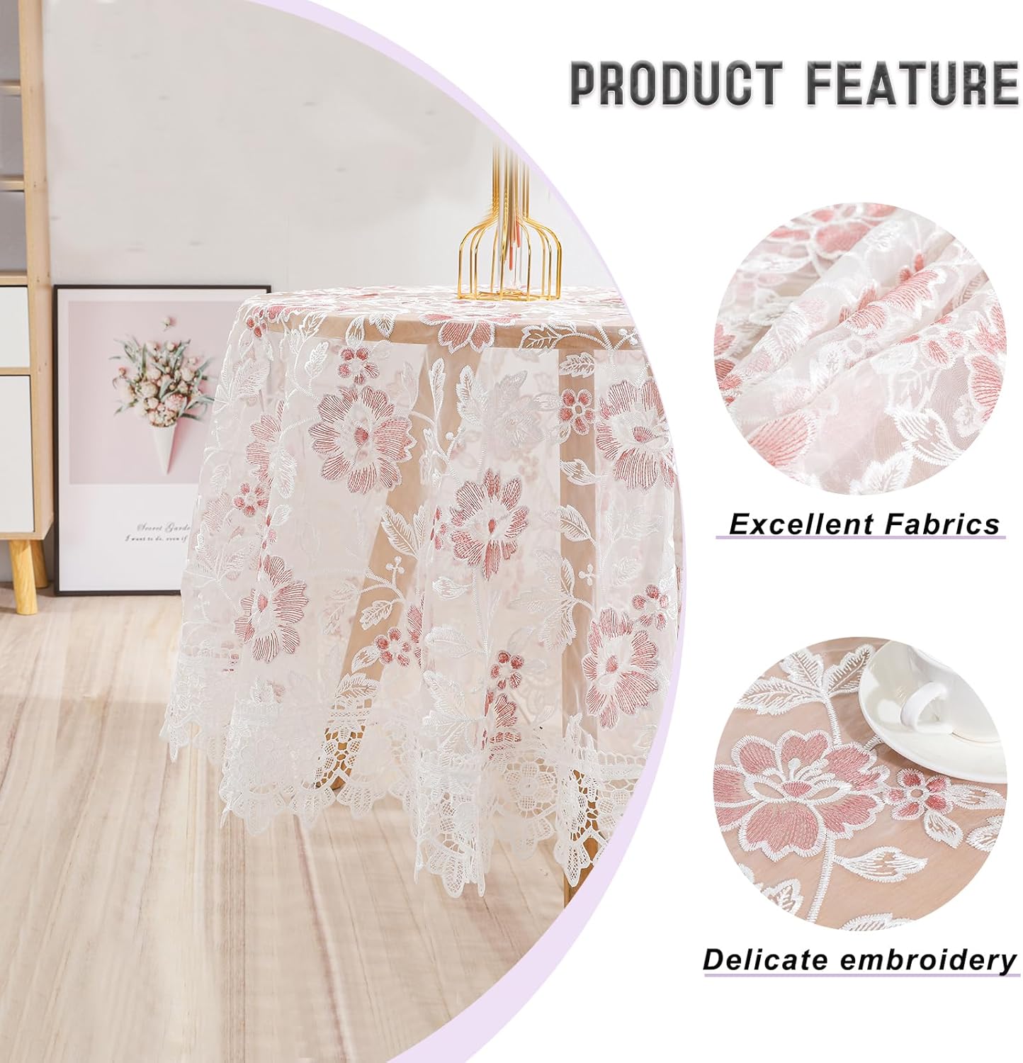 Round Embroidered Lace Tablecloth Vintage Decorative Exquisite Border Table Cover for Party Wedding Home Decorations, Round-70, White