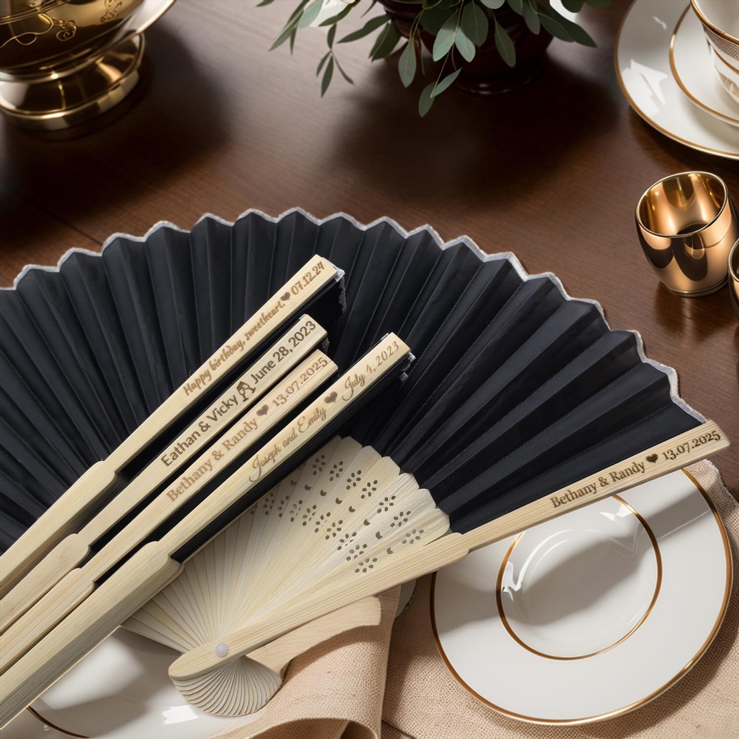 50Pcs Personalized Silk Fans Folding Hand Fan, Custom Wedding Bridal Party Favors, Summer Wedding Bride, Wedding Gift, Thank You Gift (Black)