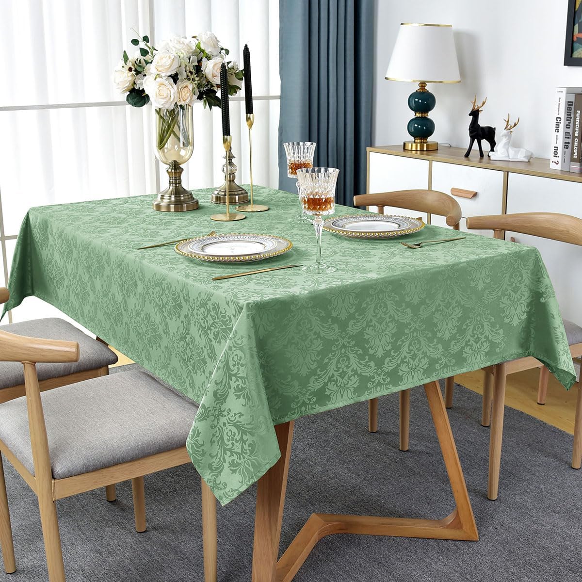 Flower Jacquard Rectangle Tablecloth 60 x 120 Inch Spill Proof Wrinkle Free Heavy Damask Table Cloth, Fabric Table Cover for Dining, Party, Wedding, Indoor, Outdoor, Sage Green