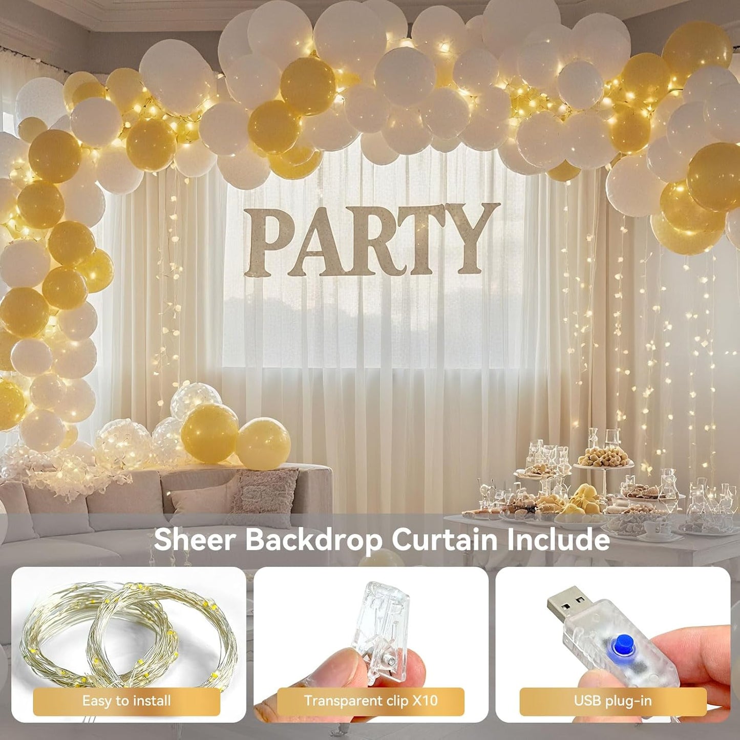 10×8ft Tulle Backdrop Curtains with Lights String - 300LED Fairy Lights Sheer Curtain Backdrop for Weddings Baby Shower and Birthday Party Decorations(8 Panels 5×8ft)