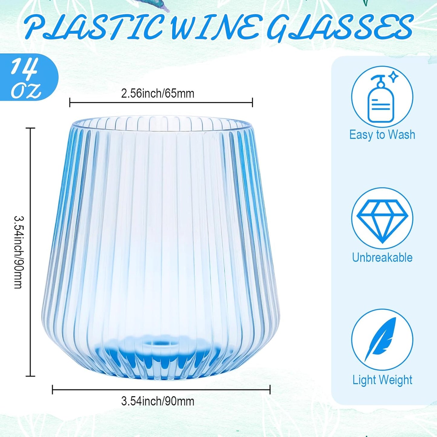 Suclain 50 Pcs Plastic Wine Glasses Ribbed Stemless Wine Glasses 14oz Vertical Design Unbreakable Cups for Outdoor Indoor Vintage Elegant Champagne Whiskey Glasses for Christmas Party Wedding (Blue)