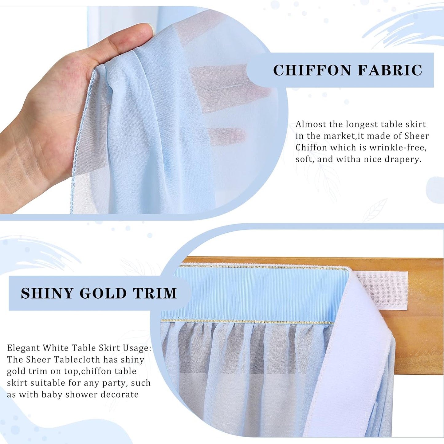 QueenDream 6ft Baby Blue Chiffon Table Skirt for Rectangle Table Sheer Tablecloth for Baby Shower Wedding Birthday Mermaid Theme Party