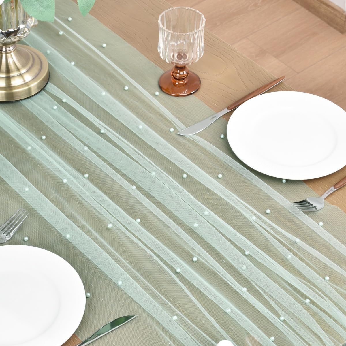 Joanlody Fall Pearl Table Runner 10ft Rustic Boho Tulle Table Runner with Pearls for Baby Shower Wedding Party Veil Dessert Thanksgiving Table Decor Sage Green 4pcs