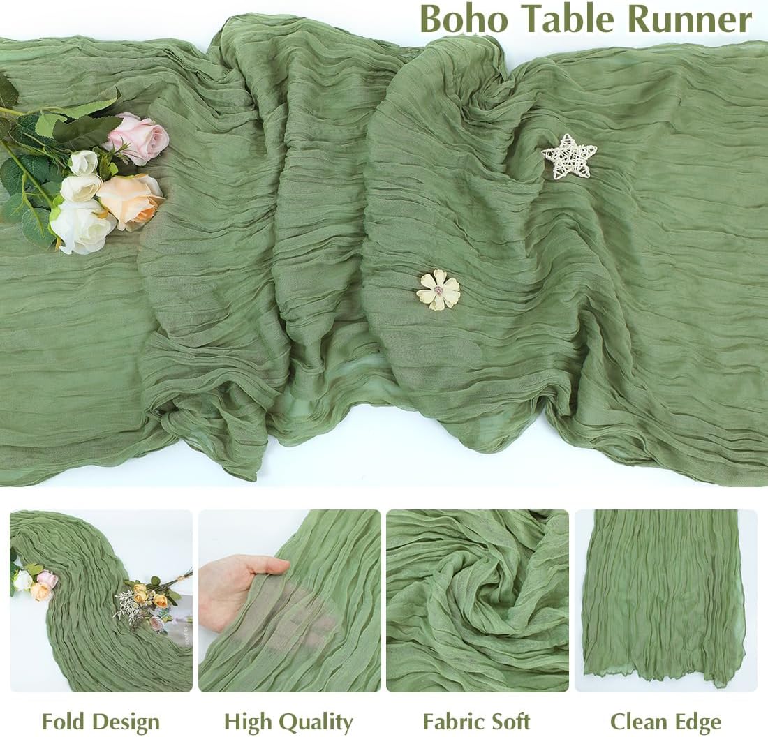 Olive Green Cheesecloth Table Runner -21*120Inch Long Boho Wedding Table Decor, Rustic Gauze Fabric Runner for Bridal Showers, Baby Showers & Parties (Sheer, Lightweight, Wrinkled Design)