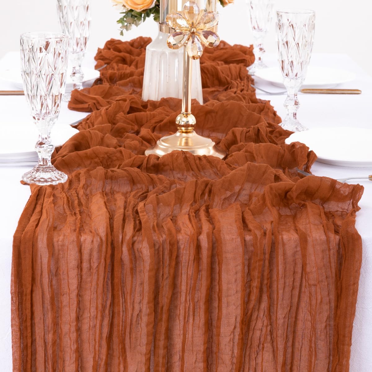MLMW 3 Pack Fall Thanksgiving Table Runner Cheesecloth Autumn Harvest Rust Terracotta Cheese Cloth Boho Gauze 160 inch Table Runner 13.3ft for Wedding Party Baby Bridal Shower Birthday