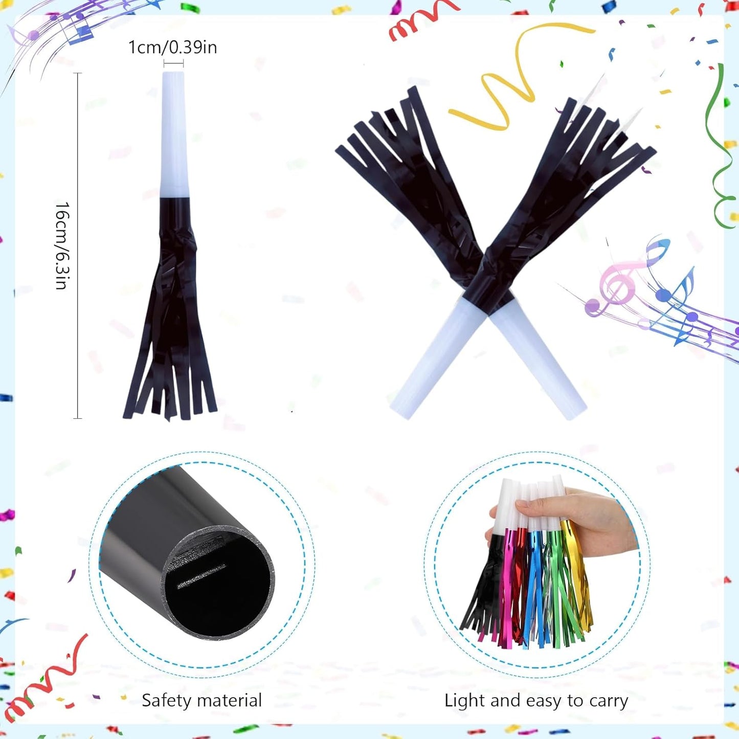 Metallic Fringed Noise Makers, 24 Pcs, Black, for Baby Shower, Kids Birthday, New Year Party