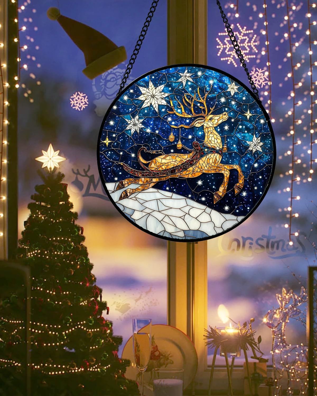 Stained Glass Window Hanging - Reindeer Blue Starry Sky Suncatcher for Doors Home Christmas Decoration Winter Sun Catcher Thanksgiving New Year Birthday Gifts for Women Men Mom Nana 7.8 in