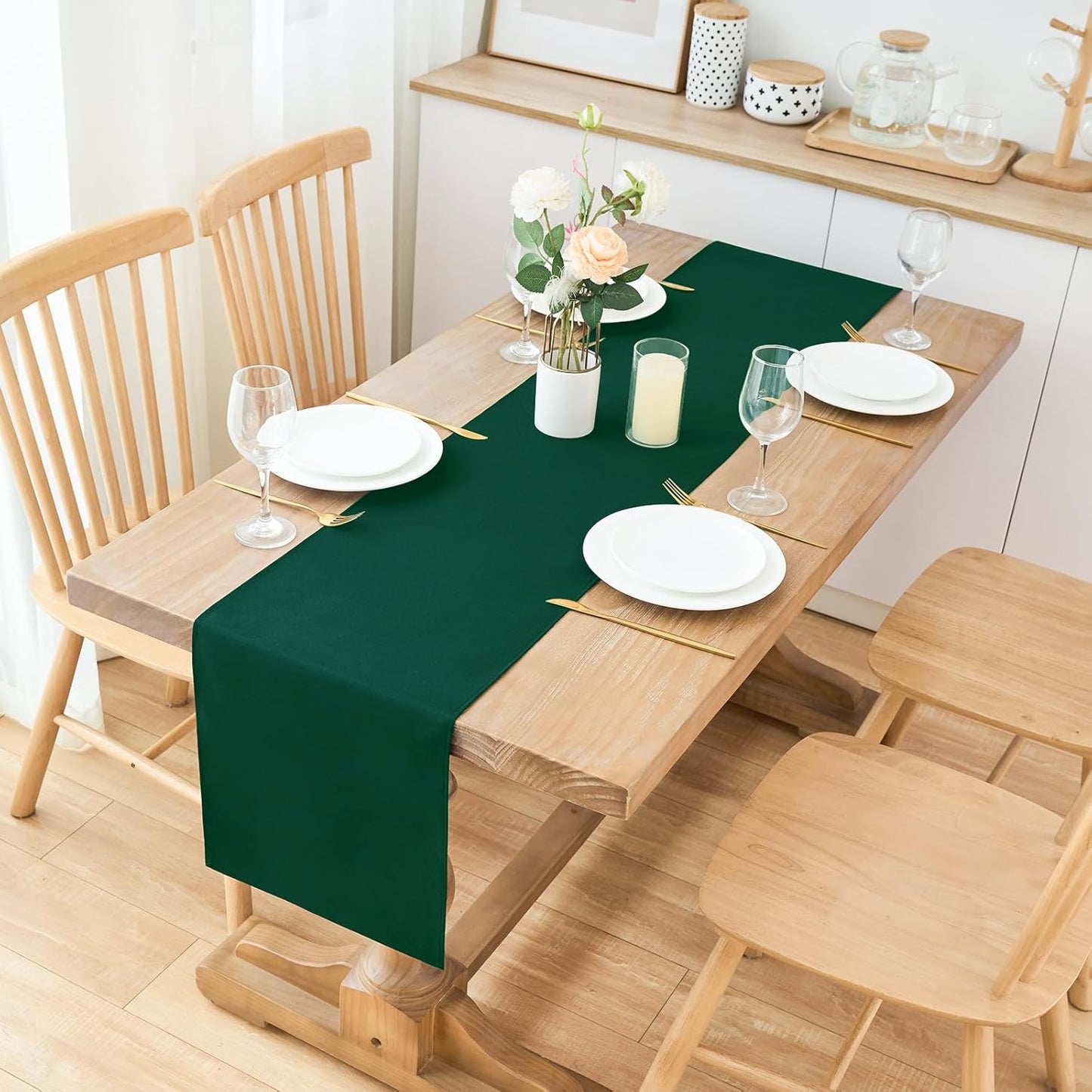 2 Pack Green Table Runner 12 x 60 Inch Solid Color Farmhouse Runners Coffee Table Dresser for Daily Party Home Decoration