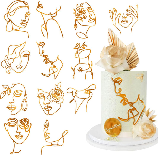 12 Pcs Acrylic Lady Face Cake Topper Minimalist Art Happy Birthday Cake Toppers Women Wedding Cake Decoration for Wedding Birthday Party (Gold)