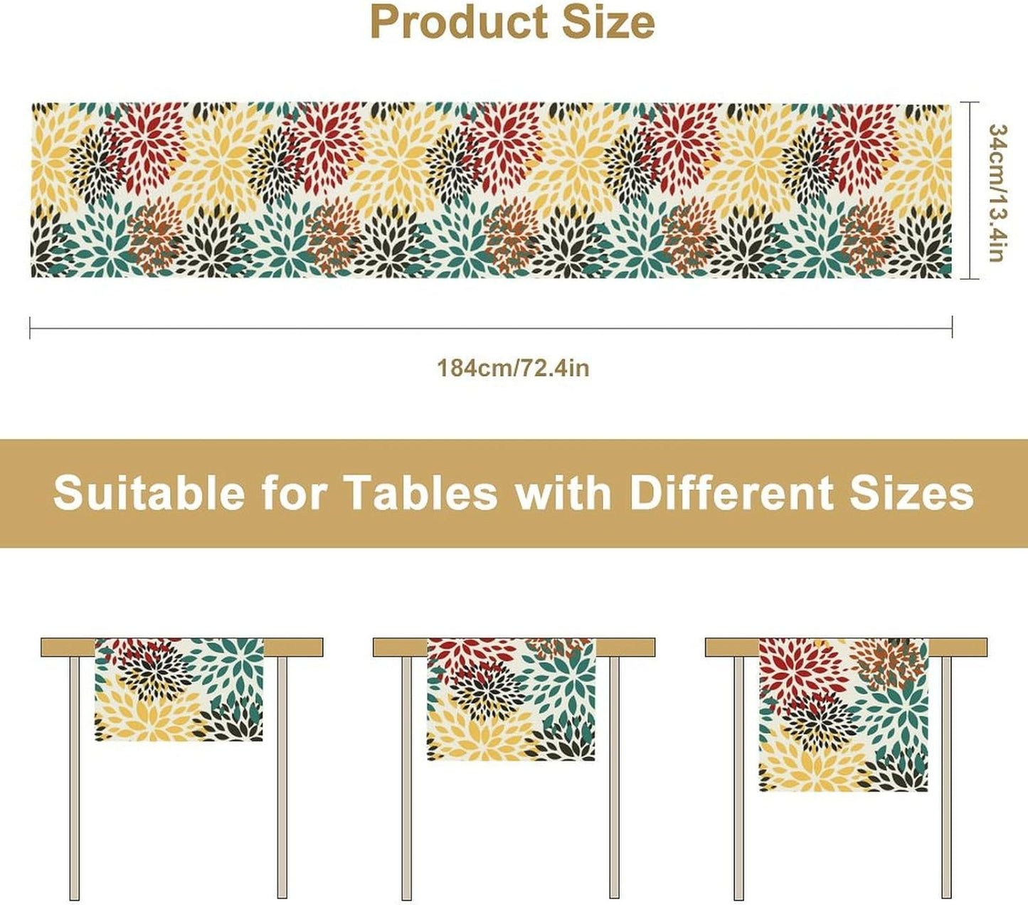 Green Red Dahlia Flower Table Runner Chrysanthemum Geometric Kitchen Dining Bedroom Living Room Table Decor for Indoor Outdoor Home Party, 13x70 Inch