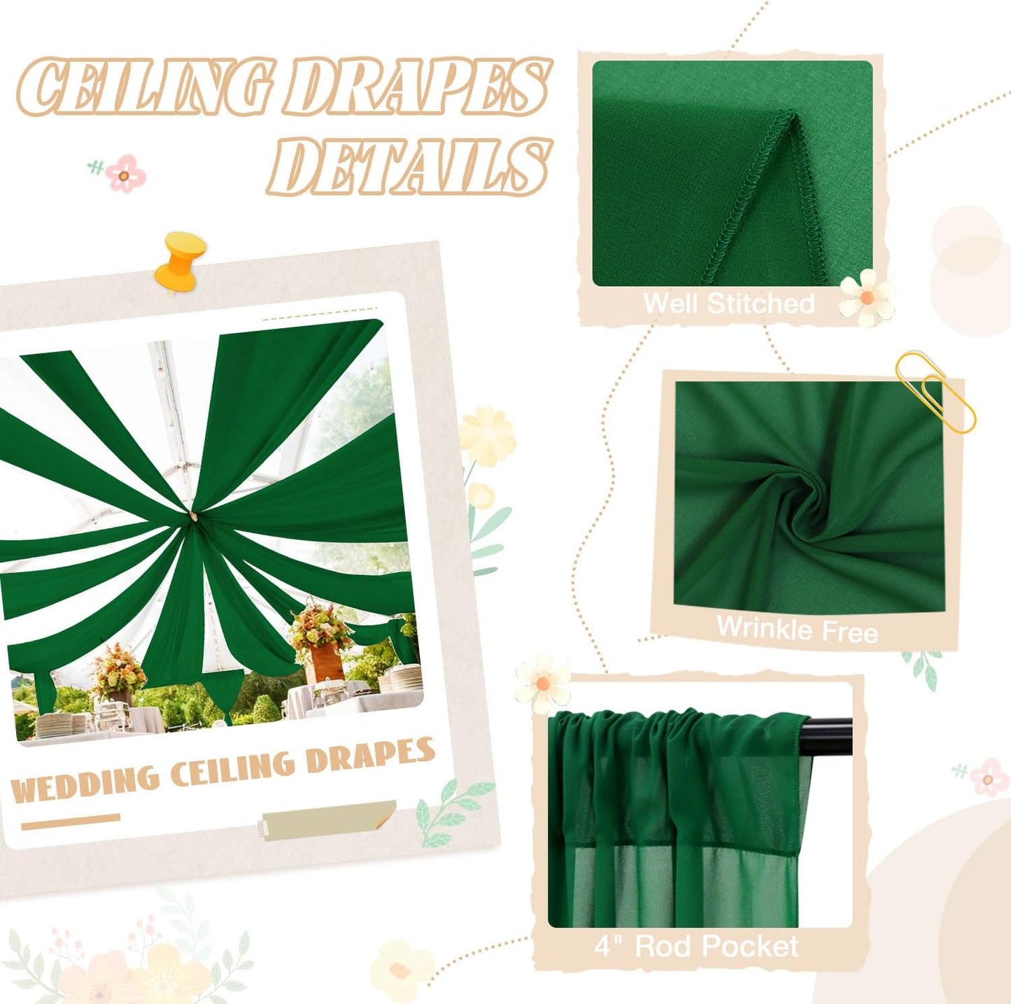 FUHSY Emerald Green Ceiling Drapes Wedding Arch Drapes Chiffon Backdrop Curtains 5FTx20FT 2 Panels Sheer Ceiling Curtains for Wedding Party Bridal Archway Chiffon Fabric Drapery Stage Decorations