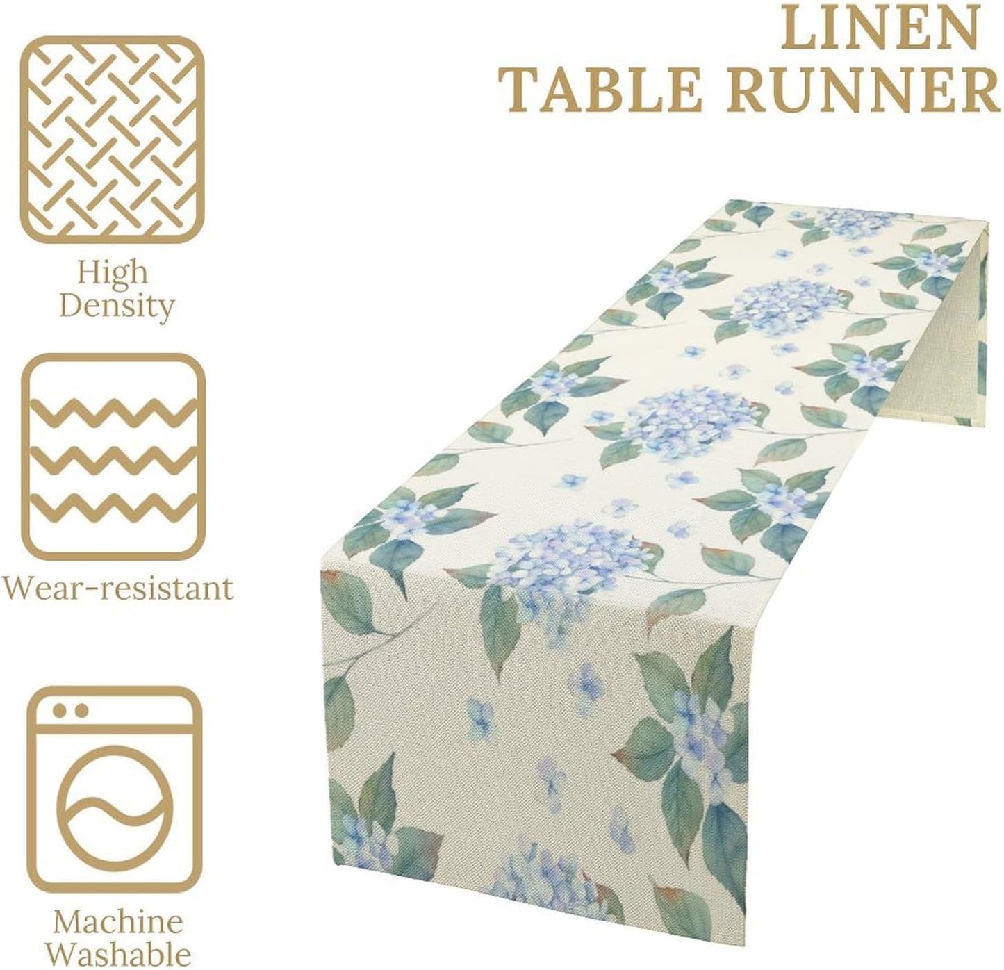 Spring Hydrangea Flower Table Runner, Seasonal Summer Plants Watercolor Blue Florals Dinner Runner for Home Kitchen Dining Table Party Holiday Decoration 13"x60"