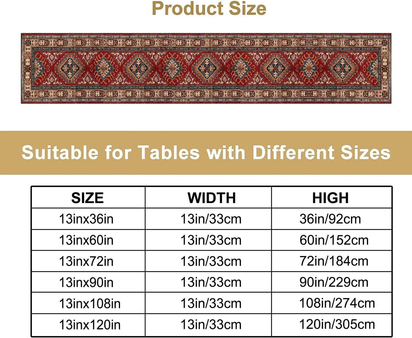 Boho Floral Vintage Table Runner, Red Grey Retro Flower Rustic Country Farmhouse Abstract Pattern for Home Kitchen Table Decor Dining Coffee Room Party Decor 13x108in