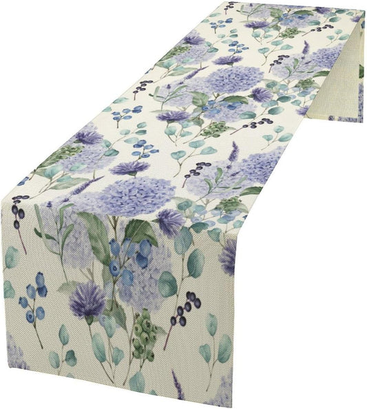 Spring Hydrangea Flower Table Runner, Seasonal Summer Plants Watercolor Eucalyptus Leaves Purple Florals Dinner Runner for Home Kitchen Dining Table Party Holiday Decoration 13"x108"