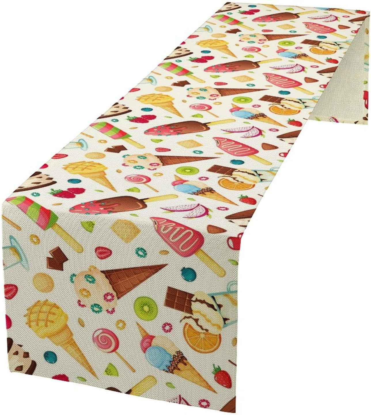 Ice Cream Table Runner, Fruit Ice Popsicles Cold Summer Desserts Seasonal Dinner Runner for Party Holiday Home Kitchen Dining Table Decor 13"x108"