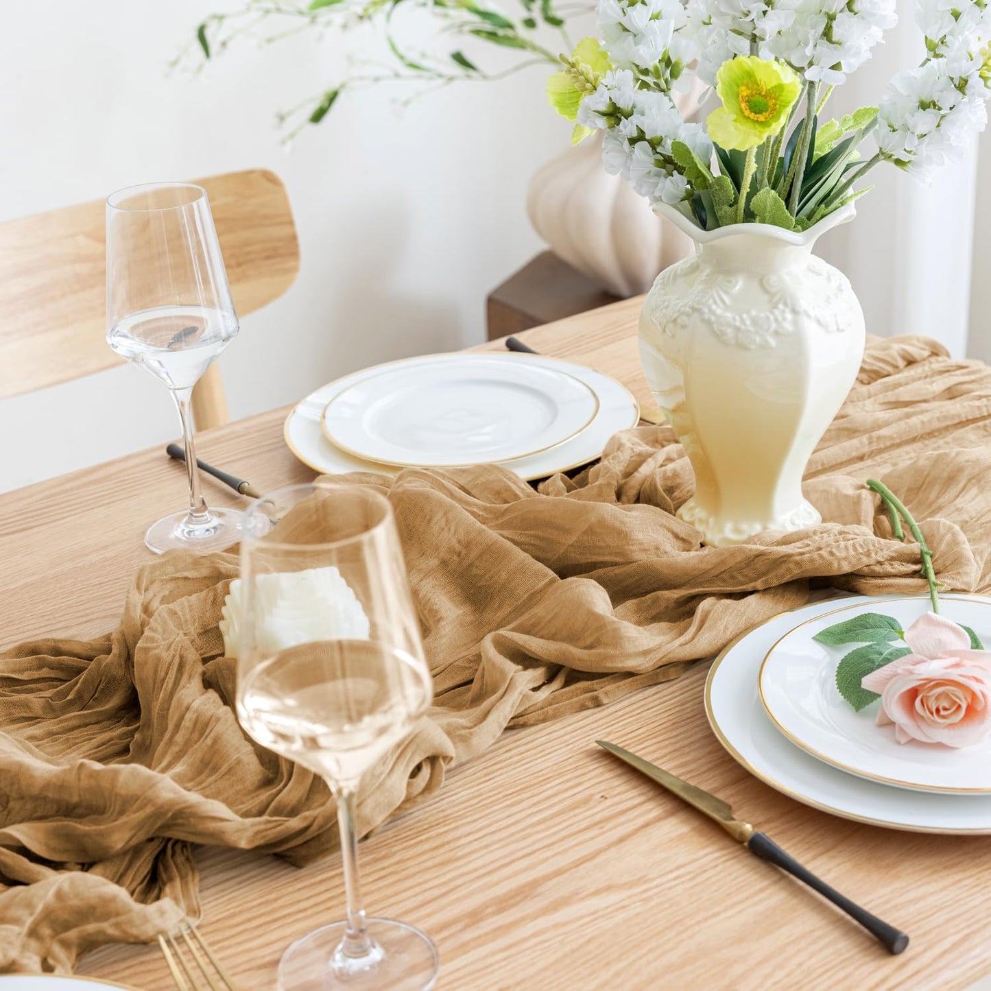 Asee'm 2pcs Cheesecloth Table Runner 120 Inches Long Khaki Boho Gauze Cheese Cloth Runner 10FT Rustic Sheer Table Runners for Christmas Wedding Party Baby Shower Spring Easter Decoration