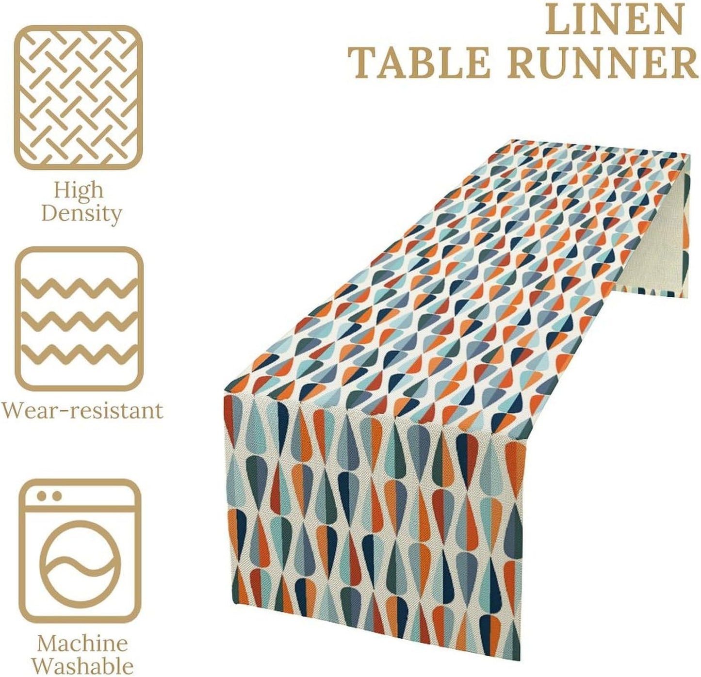 Mid Century Table Runner, Modern Style Retro Pattern Droplet Shapes Mosaic Tones Pattern Print for Home Kitchen Table Decor Dining Coffee Room Party Decor 13x60in