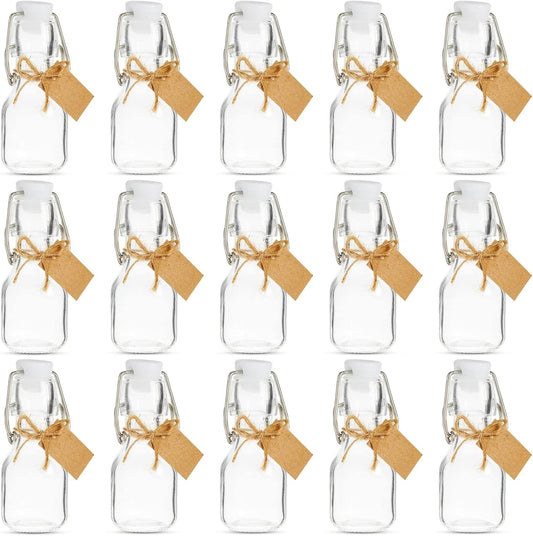 BLUE PANDA Mini Glass Bottles Swing Top - 15 Pack 2 Oz/60 ml Blue & White - Kraft Tags & Jute Twine Included - Wedding Favor Glass Bottles & DIY Jars
