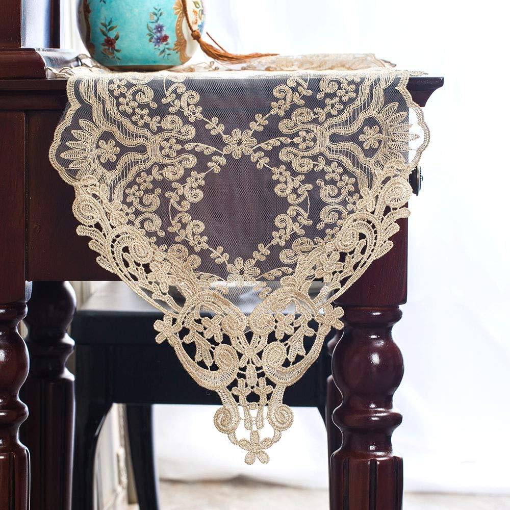 ARTABLE Rectangle Table Runner Lace Macrame Embroidered Table Runners with Exquisite Vintage Shabby Chic for Holiday Wedding Long Dinner Tables (Light Gold, 12 x 84 Inch)