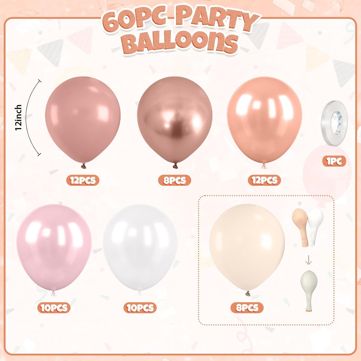 Dusty Pink Balloons, 60pcs Blush Pink Balloons, Double Stuffed Beige Balloon Pearl White Metallic Rose Gold Balloon For Girls Women Lady Birthday Baby Shower Party Wedding Bridal Shower Anniversary