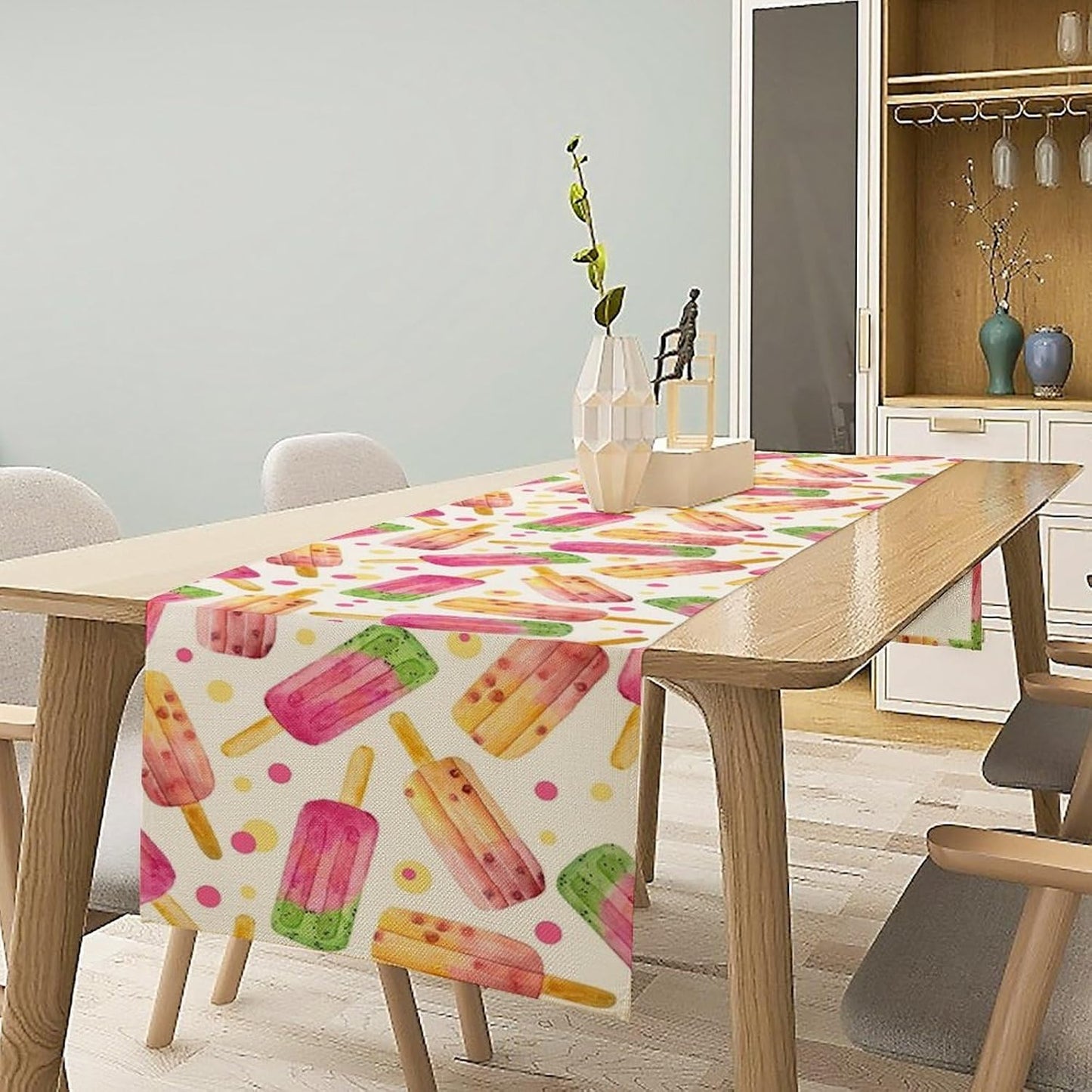 Ice Cream Popsicles Table Runner, Watercolor Summer Seasonal Fruit Peach Kiwi Berry Popsicles Orange Pink Sweet Dessert Dinner Runner for Party Holiday Home Kitchen Dining Table Decor 13"x90"
