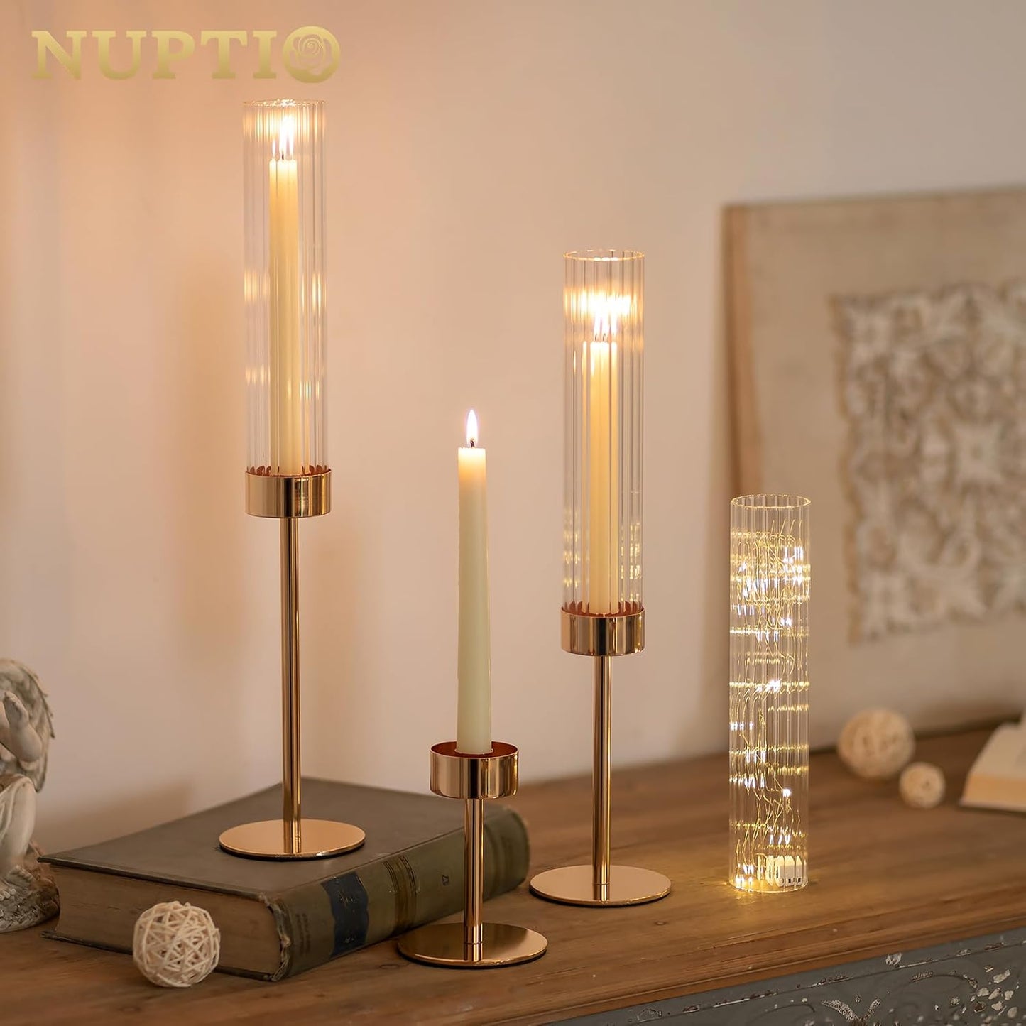 NUPTIO Hurricane Candle Holder for Centerpiece: Set of 6 Tall Candle Stick Holder with Ribbed Glass Cover - Bulk Fluted Taper Candlestick Decor for Living Room Thanksgiving Christmas