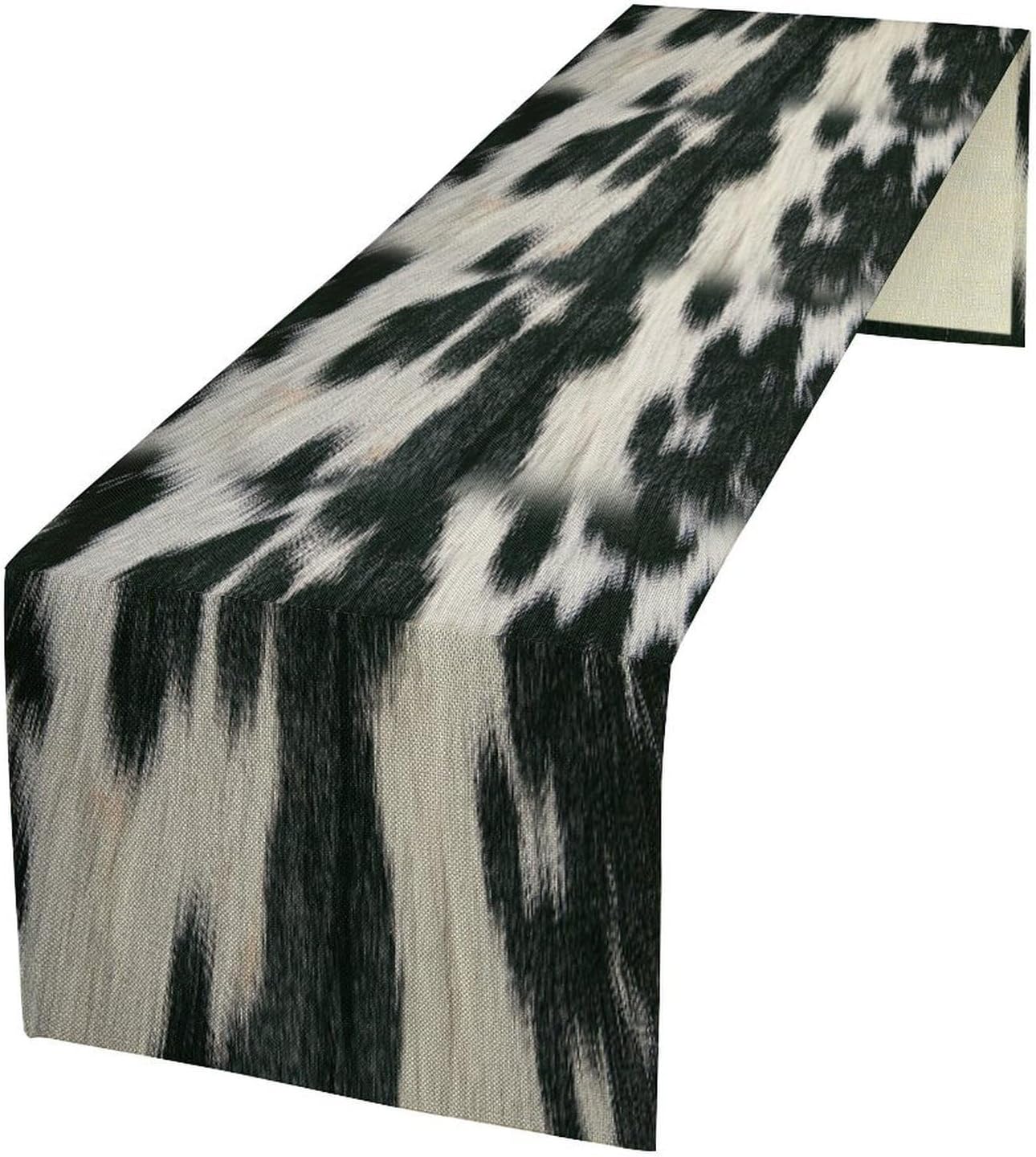 Rustic Cow Skin Print Table Runner, Country Farm Animal Fur Skin Pattern Western Style Brown Cowhide Print Cotton Linen Cottage Dinner Runner for Home Kitchen Dining, 13x90 Inch