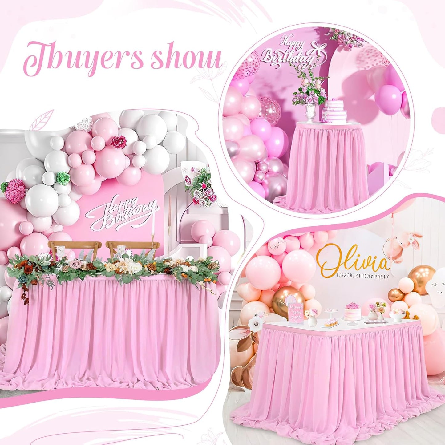 QueenDream Pink Sheer Table Skirts 14ft Chiffon Tablecloth for Rectangle Tables for Baby Shower Birthday Party Wedding Decorations