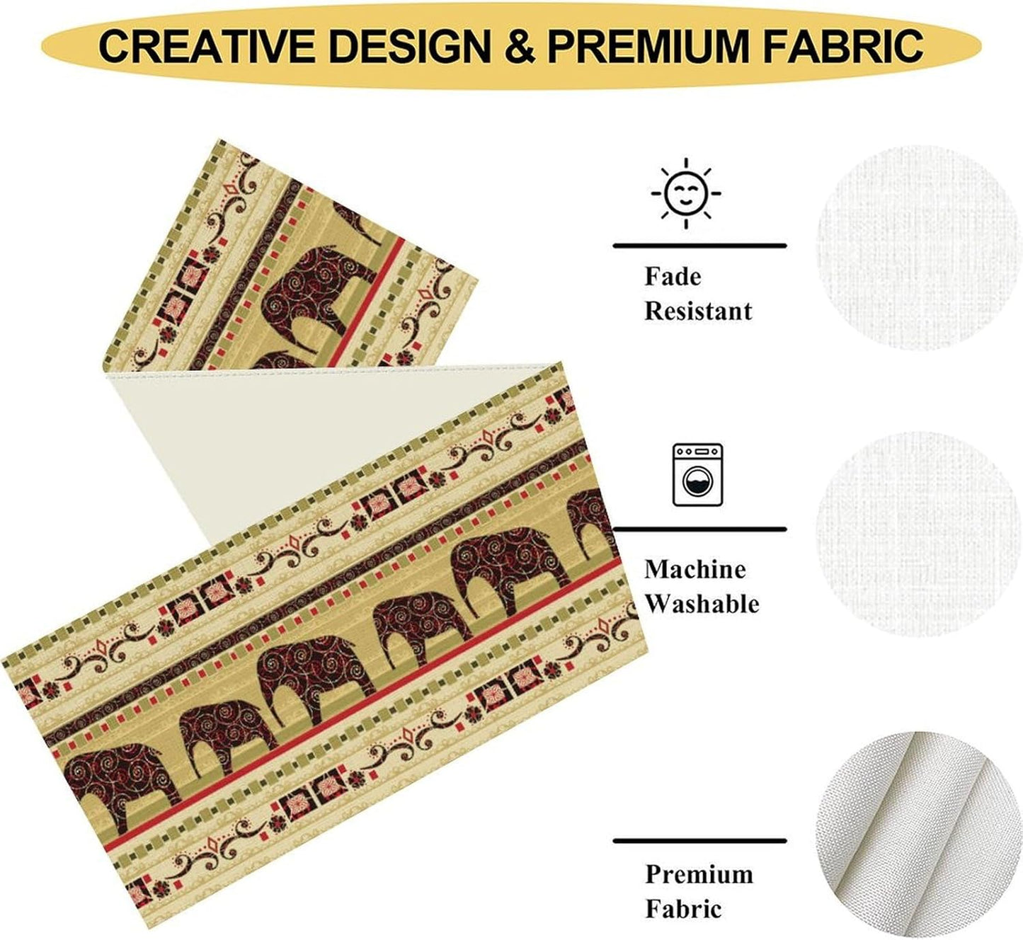 Boho Elephant Table Runner, Vintage Tribal Traditional Bohemian African Animals Ethnic Folk Table Center Decor for Home Kitchen Dining Patio Holiday Party Indoor Table Decorations, 13"x108" Inch