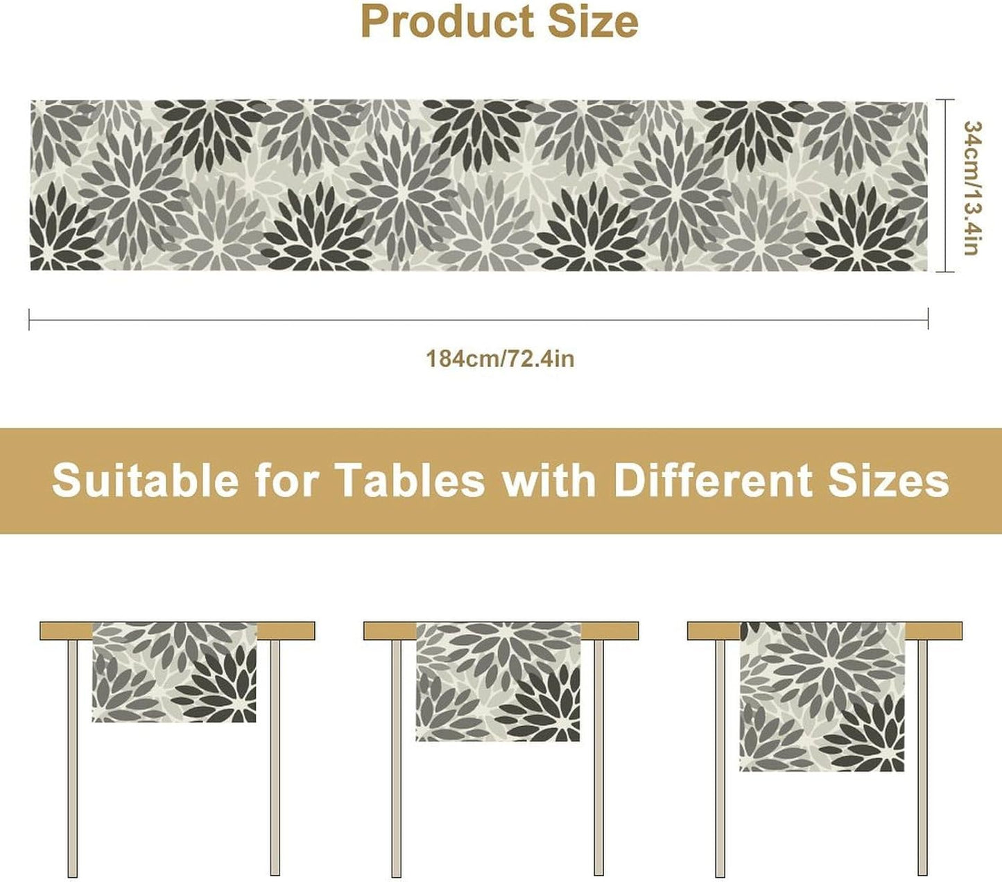 Gray Dahlia Flower Table Runner, Vintage Modern Linen Geometric Pattern Floral Table Runner Spring for Farmhouse Kitchen Dining Party Holiday Party, 13x36 Inch