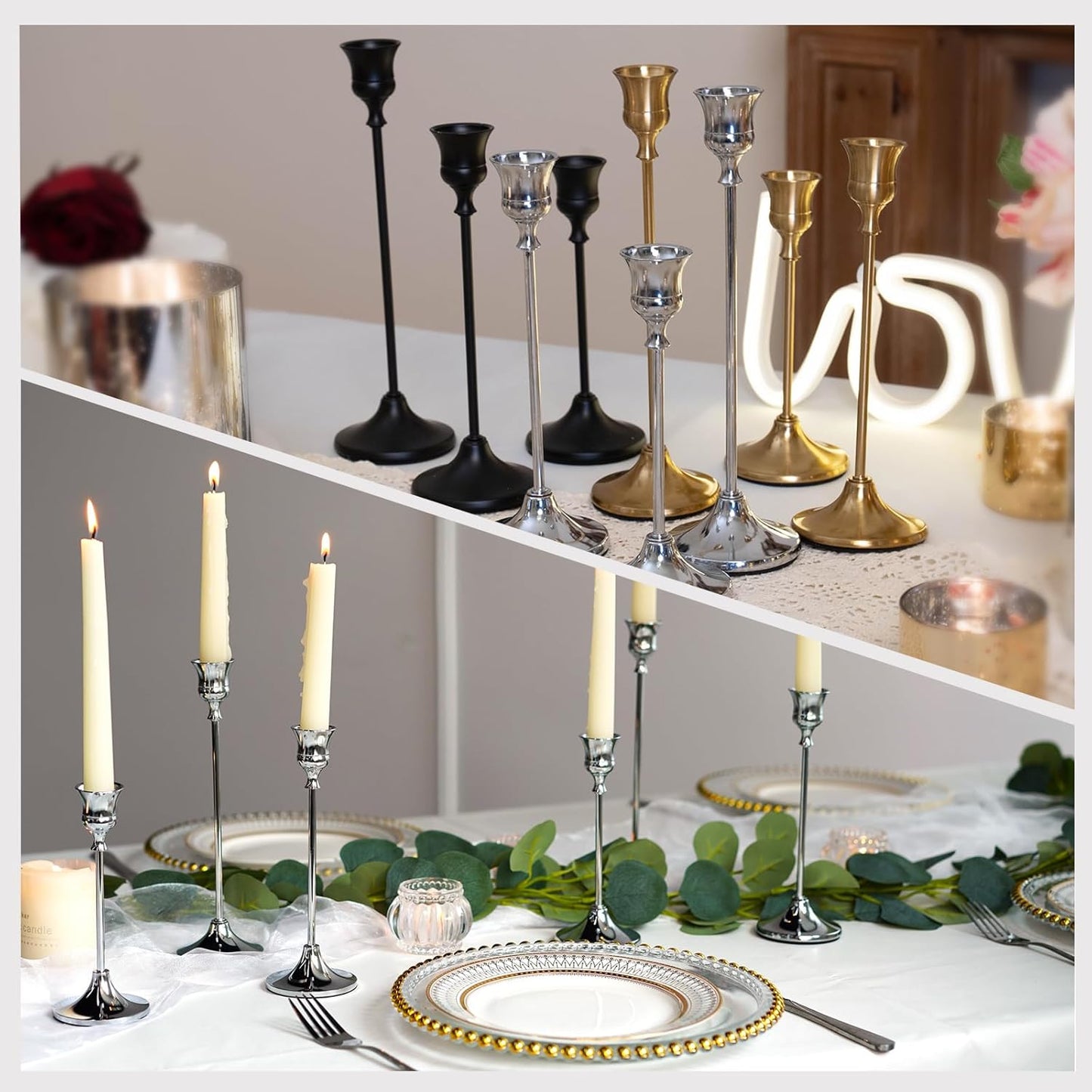CHILL RECIPE Silver Taper Candle Stick Holders Tall Candle Holder, Vintage Candlesticks Holder Bulk for Home Decor Table Centerpiece Dining Party Festival Decorations (2 Set 6Pcs)