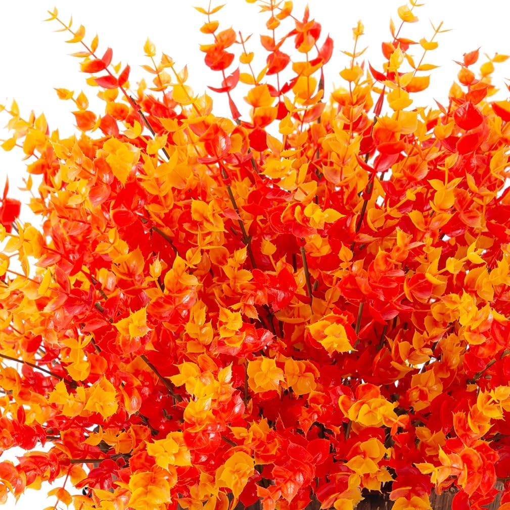 Artificial Fall Flowers Faux Mums for Outdoor Indoor Garden Home Decoration, Faux Flower Daisy with Eucalyptus Leaves Fake Plants Greenery Boxwood Porch Patio, 12 Bundles (Orange Eucalyptus)