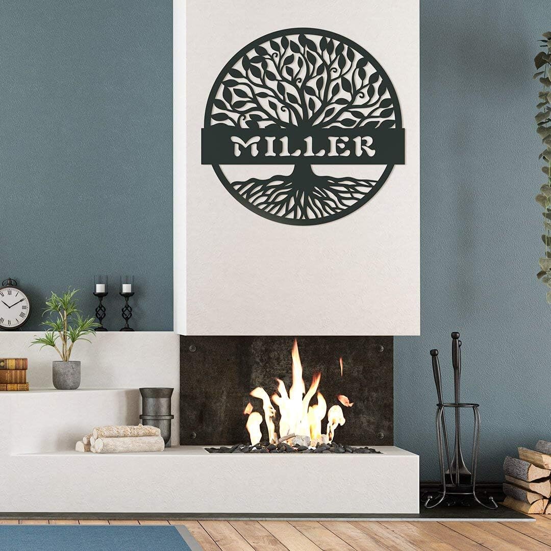 RealSteel Personalized Metal Wall Art - Custom Tree of Life Design with Family Name - Circular Metal Sign - Personalized Wedding, Anniversary, or Housewarming Gift - Black, 18"