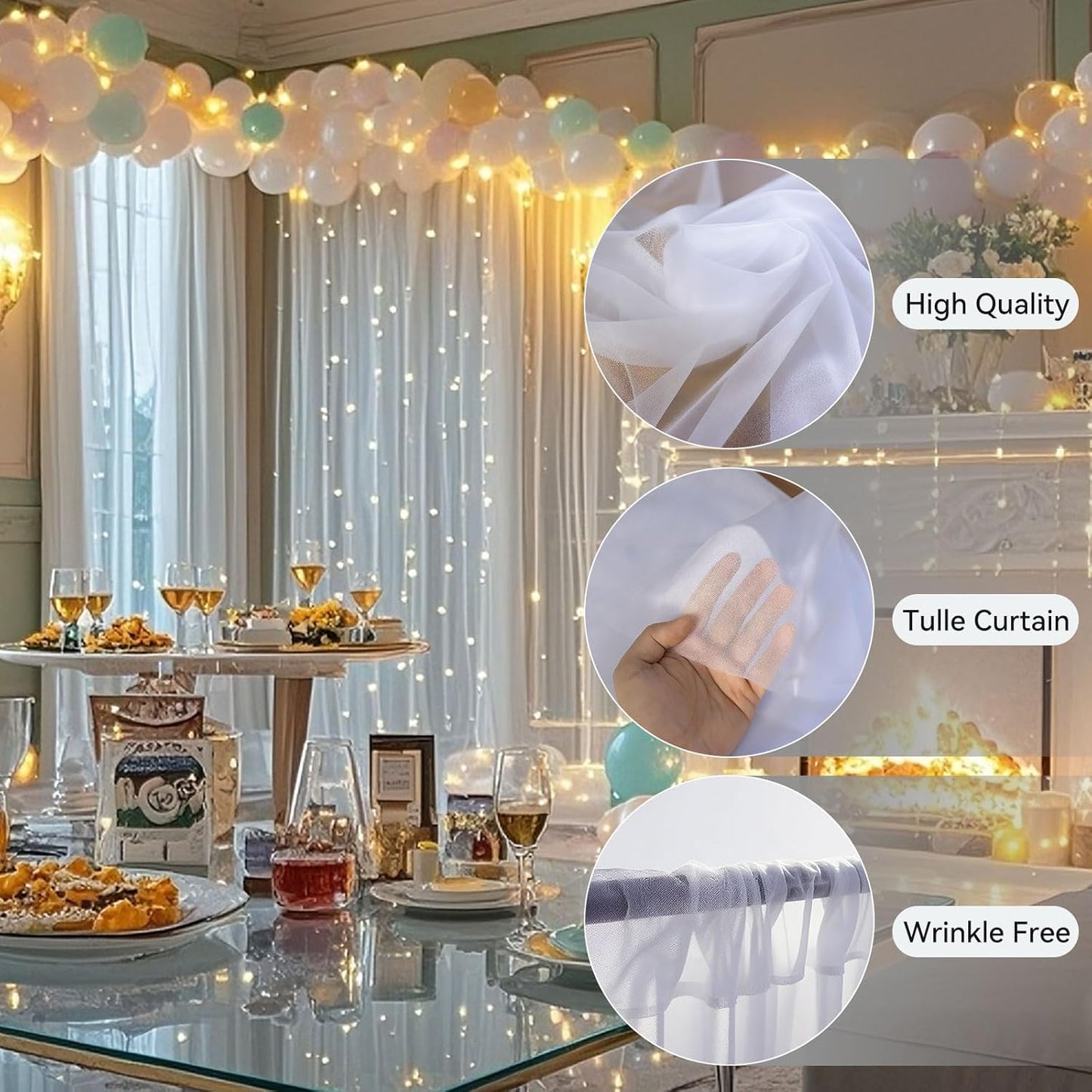 10×10ft Tulle Backdrop Curtains with Lights String - 300LED Fairy Lights Sheer Curtain Backdrop for Weddings Baby Shower and Birthday Party Decorations(4 Panels 5×10ft)