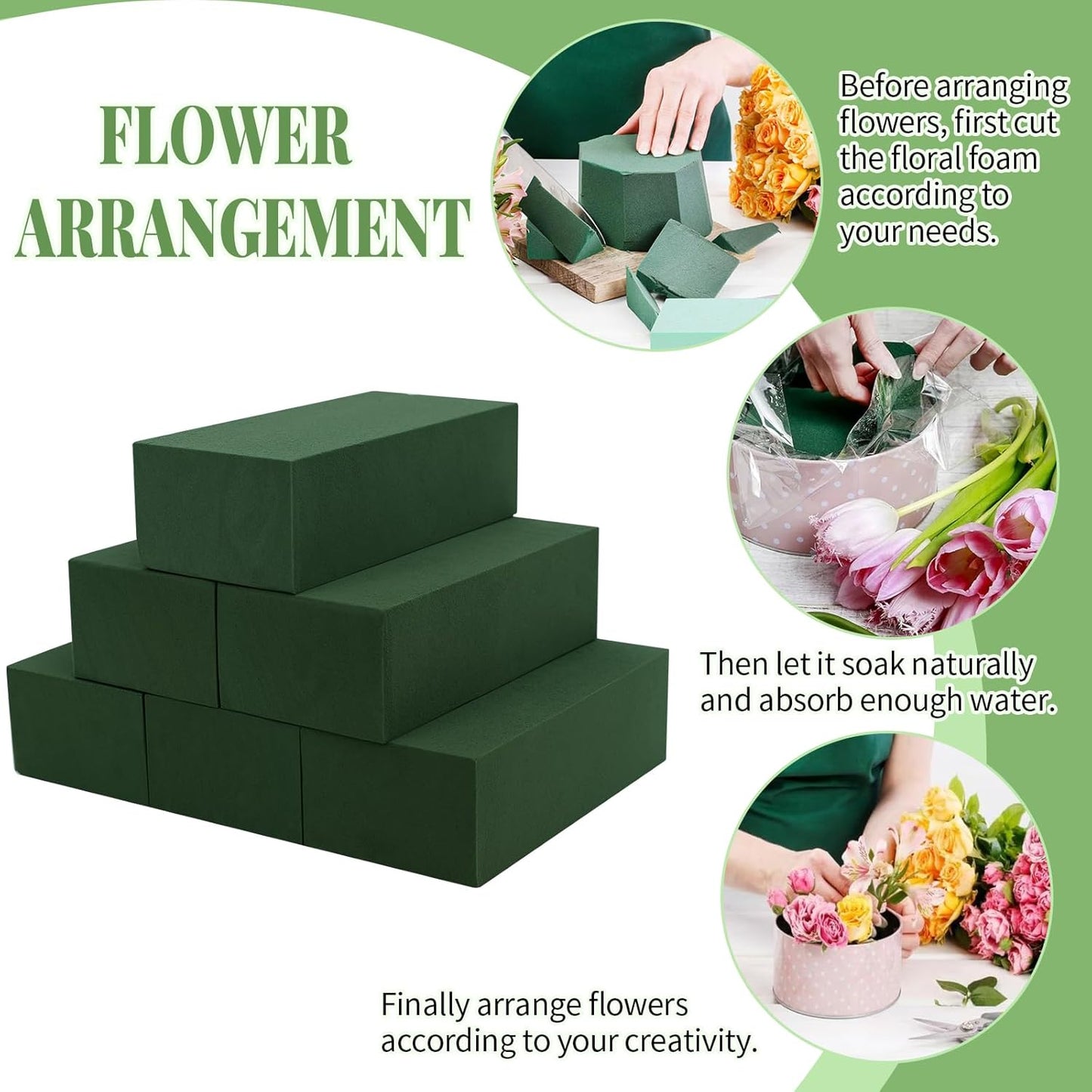 Aktor 48 Pcs Floral Foam Blocks for Fresh & Artificial Flower Arrangement, 8.8” x 4.1” x 2.7” Green Wet Foam for Wedding, Birthdays, Home, Office, and Garden Decorations
