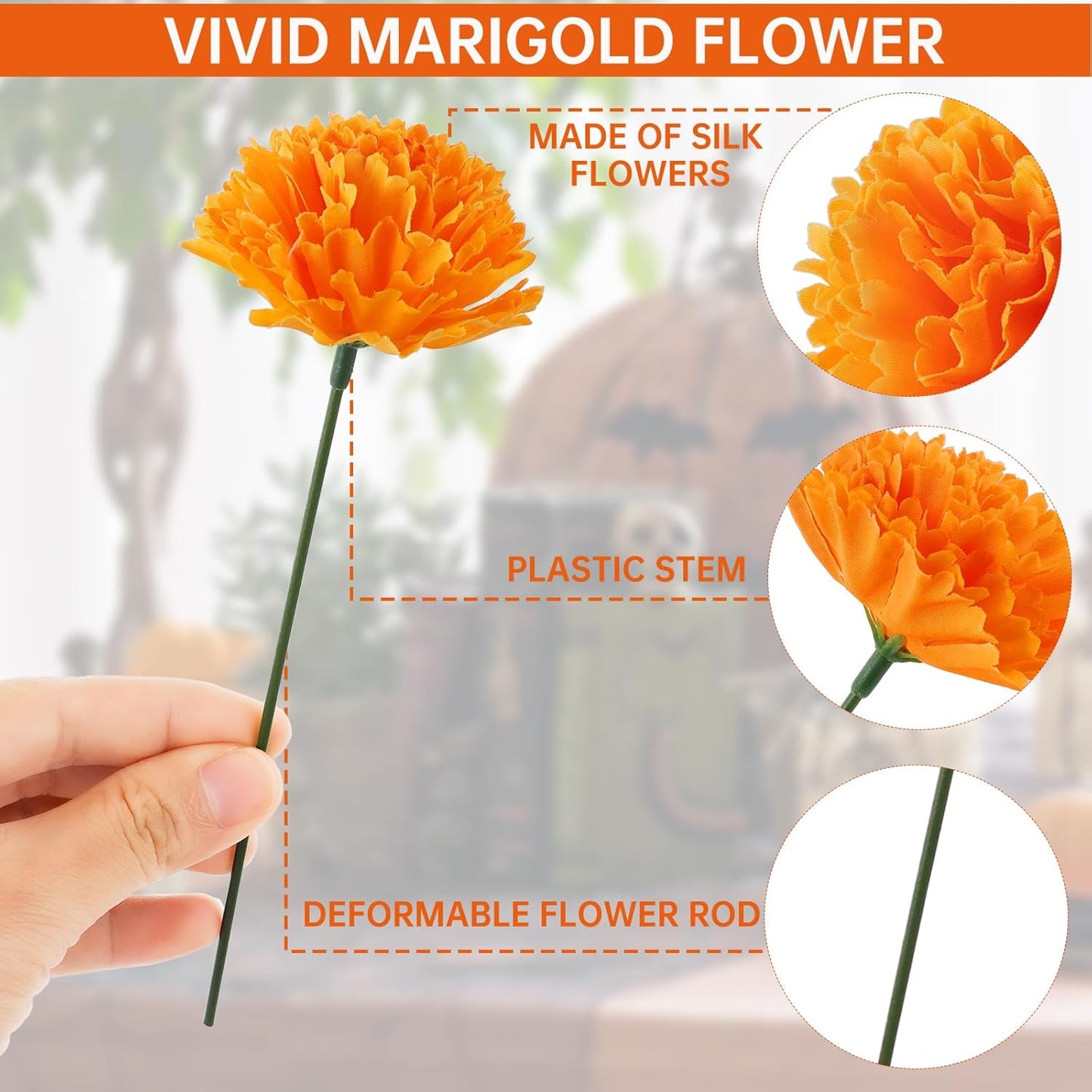 Hananona 100 Pcs Marigold Flower Heads Bulk, Silk Marigold Heads Artificial Flowers for Diwali Home Decor DIY Wreath Garland Day of The Dead Decoration (100, Orange)